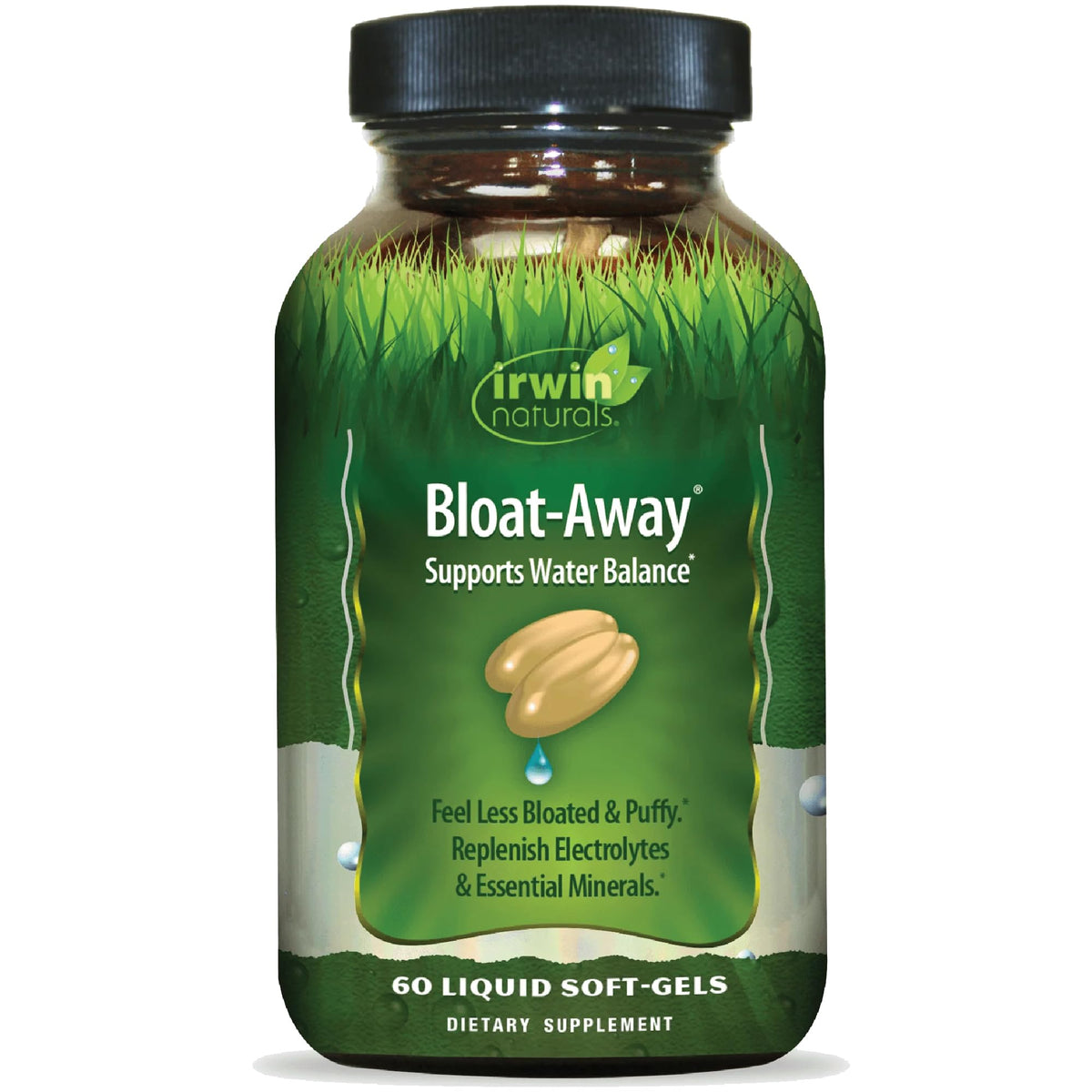 Irwin Naturals Bloat-Away, bouteille centrale visible, soutien potentiel à l'équilibre hydrique après exercice