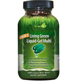 Irwin Naturals Living Green Liquid-Gel Multi: bouteille visible pour soutien nutritionnel quotidien possible.