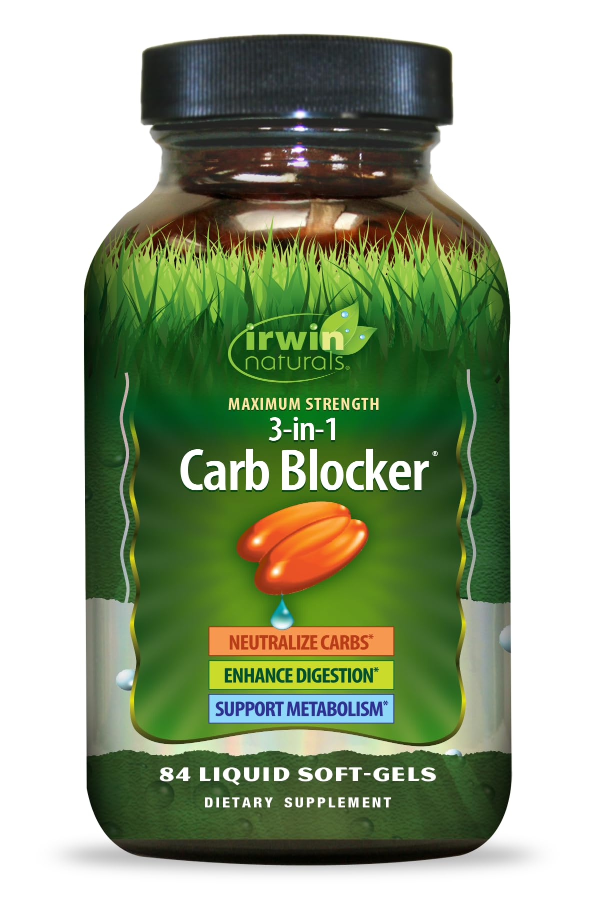 Irwin Naturals Carb Blocker 3-en-1, bouteille recto, soutien potentiel au contrôle des glucides