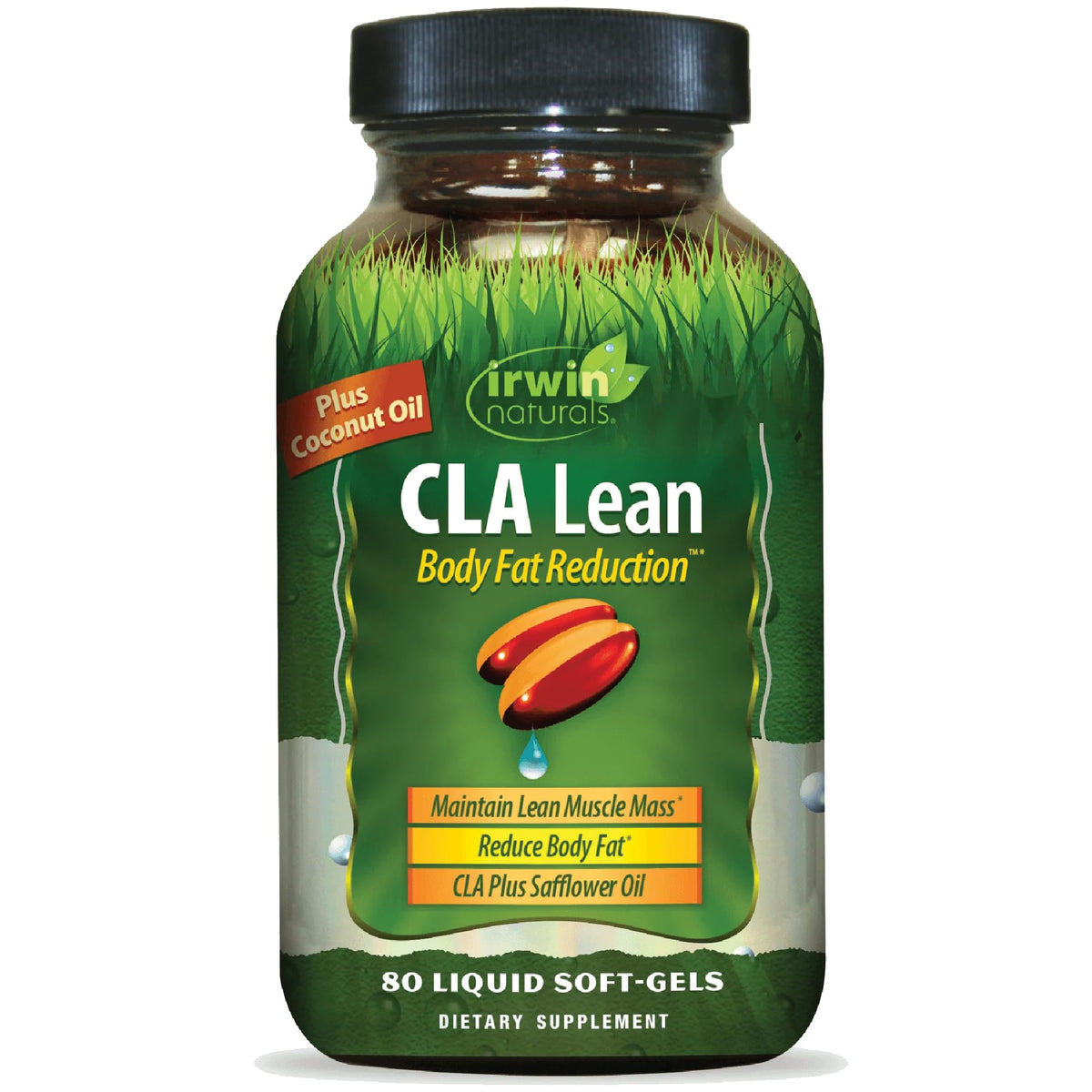 Gélules liquides CLA Irwin Naturals dans la bouteille pour une gestion saine du poids.
