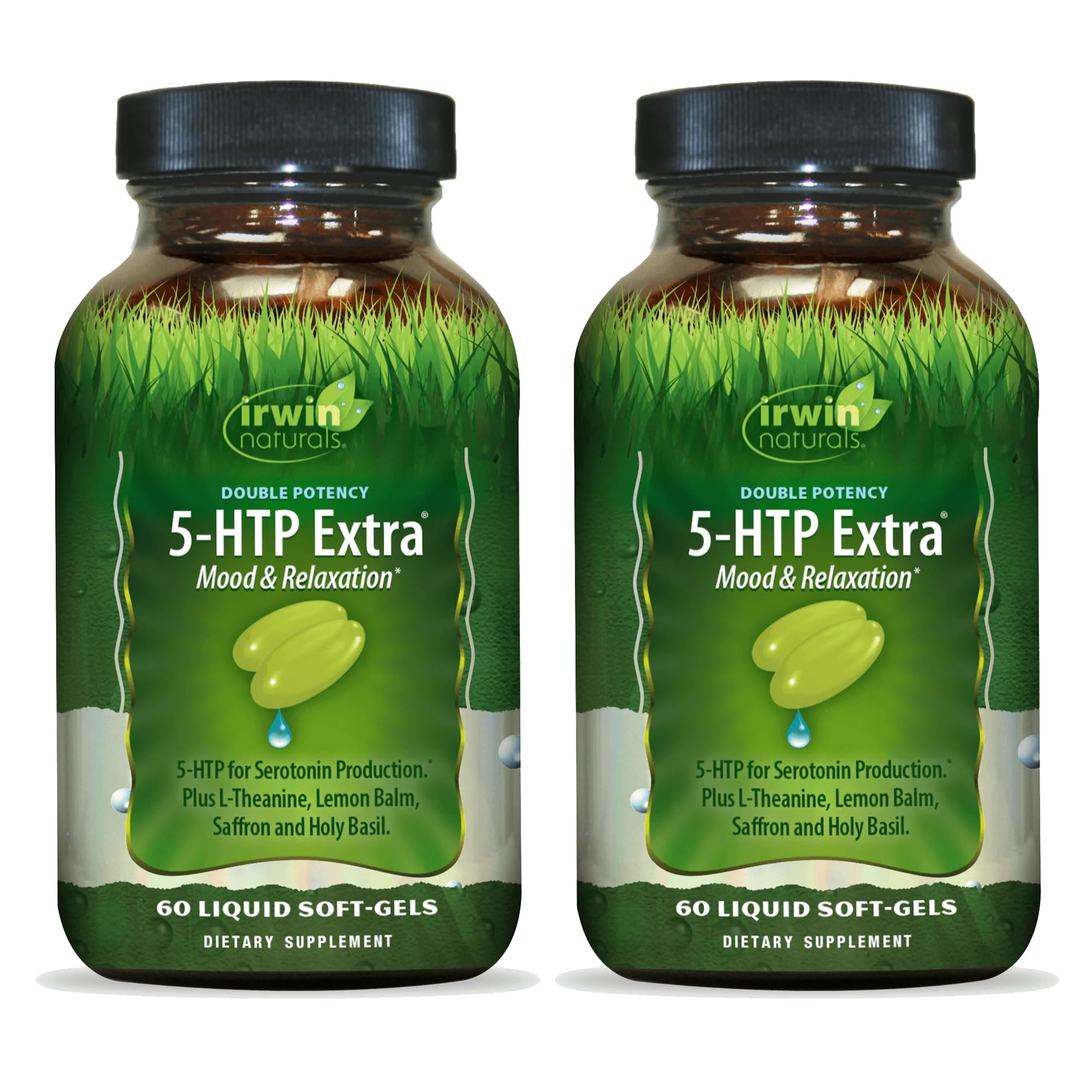 Flacon Irwin Naturals Double Potency 5-HTP Extra, facilité d'utilisation pour la relaxation.