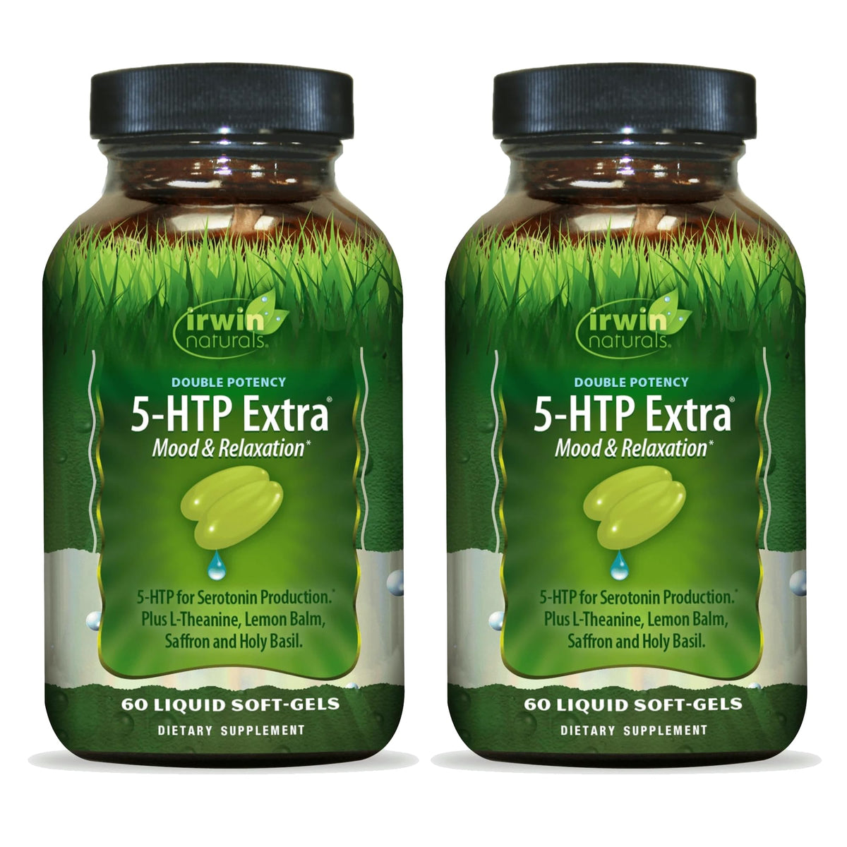 Flacon Irwin Naturals Double Potency 5-HTP Extra, facilité d'utilisation pour la relaxation.