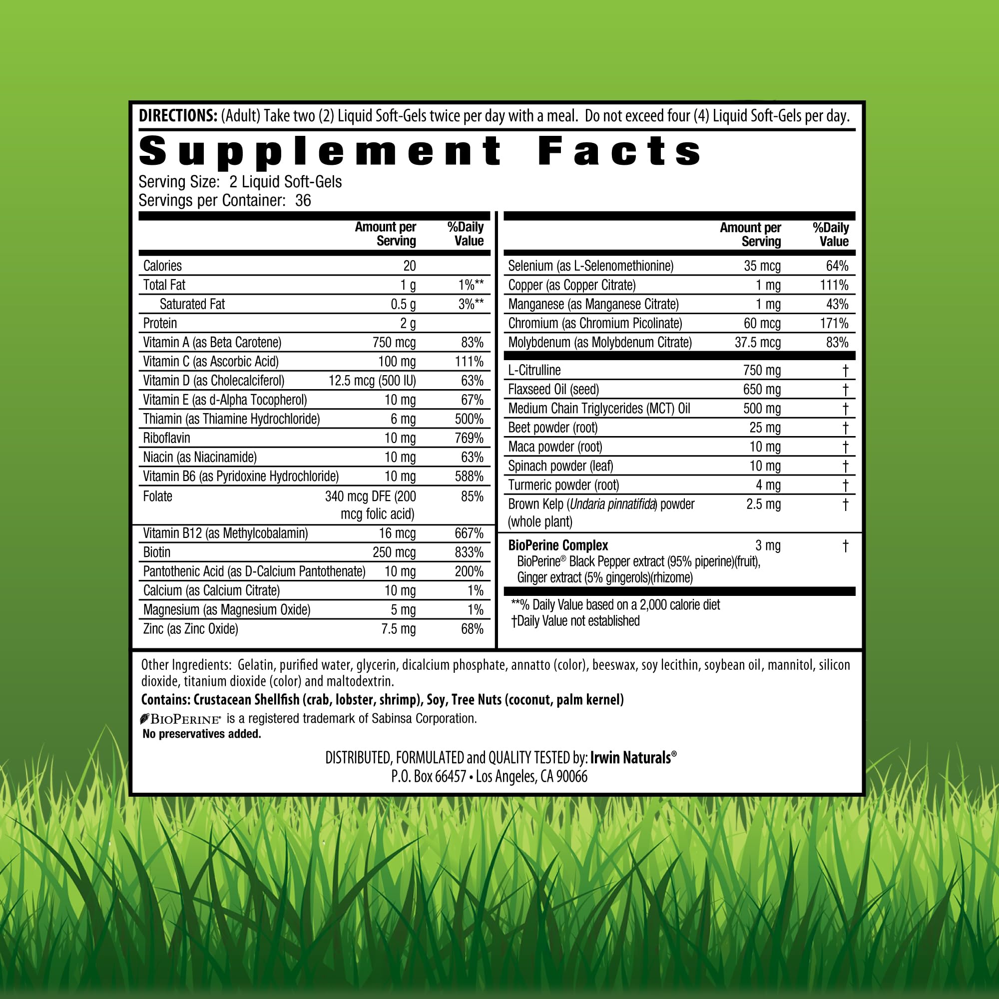 Étiquette du produit Irwin Naturals Quick Energy RED affichant les nutriments clés.