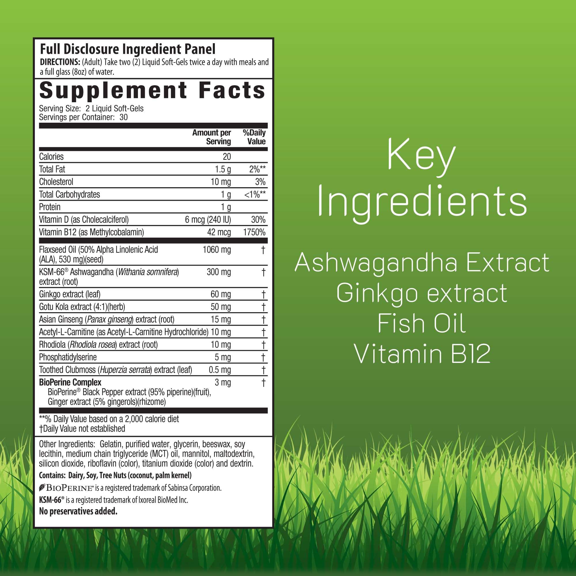 Ils montrent les gélules liquides Irwin Naturals Information Retention pour la rétention d’informations.