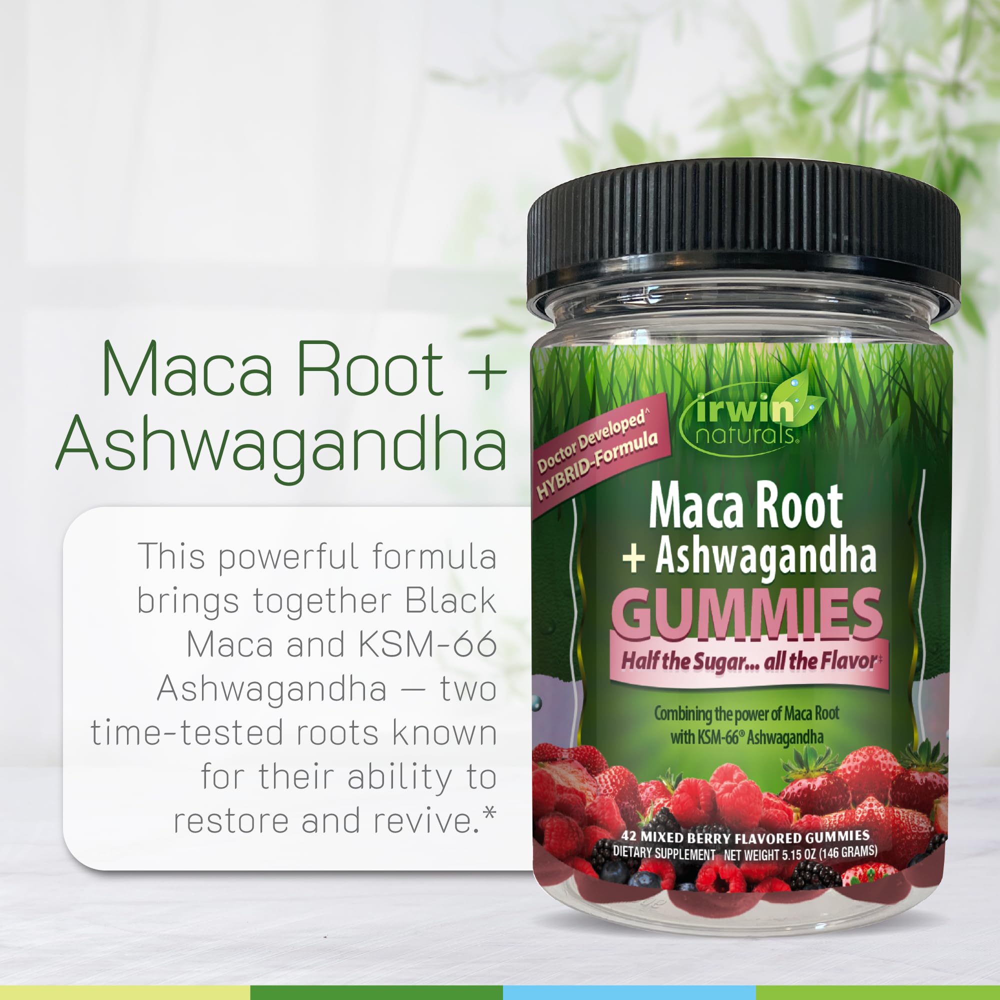 Ingrédients-clés Maca et Ashwagandha illustrés sur l’emballage