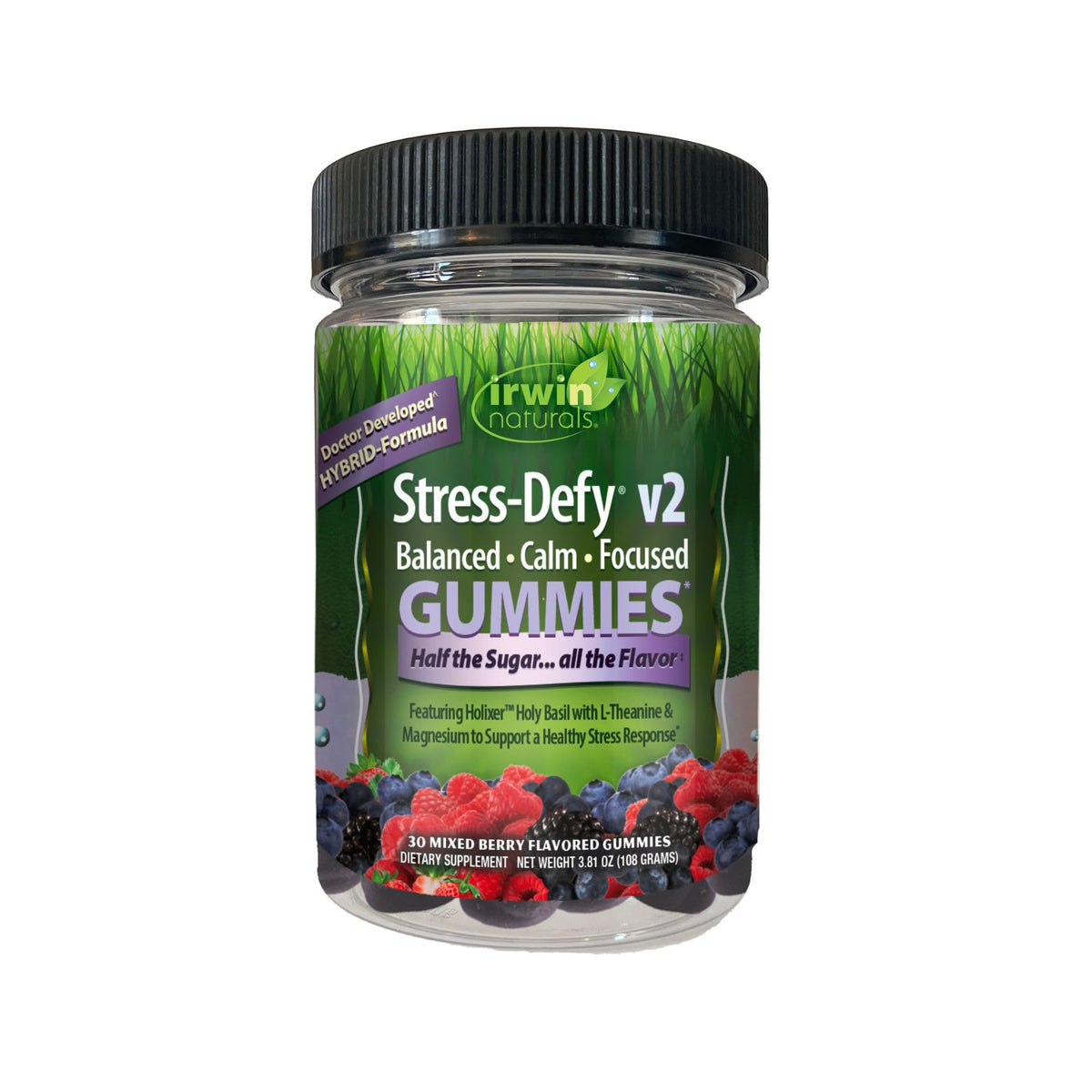 Gommes Stress-Defy d Irwin Naturals près de la bouteille, soutien potentiel au calme et à la clarté mentale.