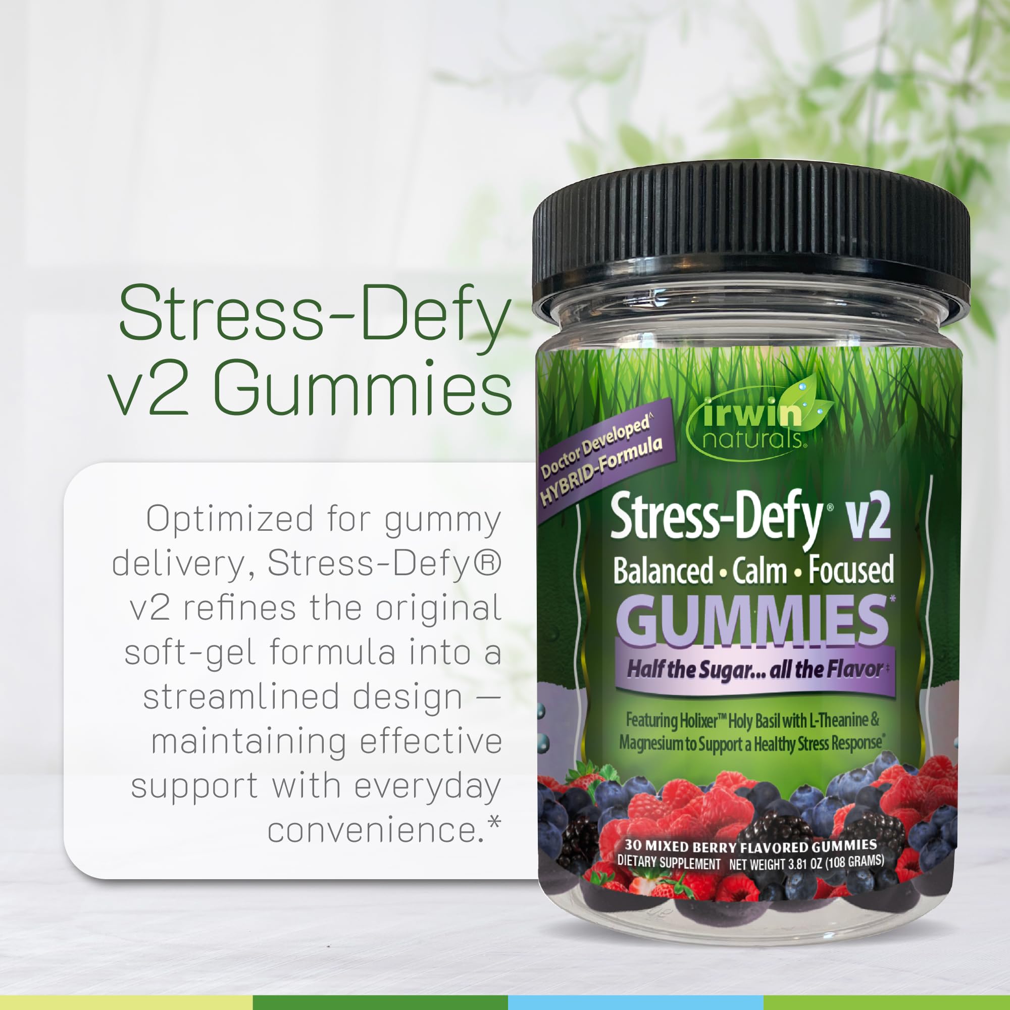 Emballage compact d Irwin Naturals Stress-Defy, pratique pour se servir en déplacement.