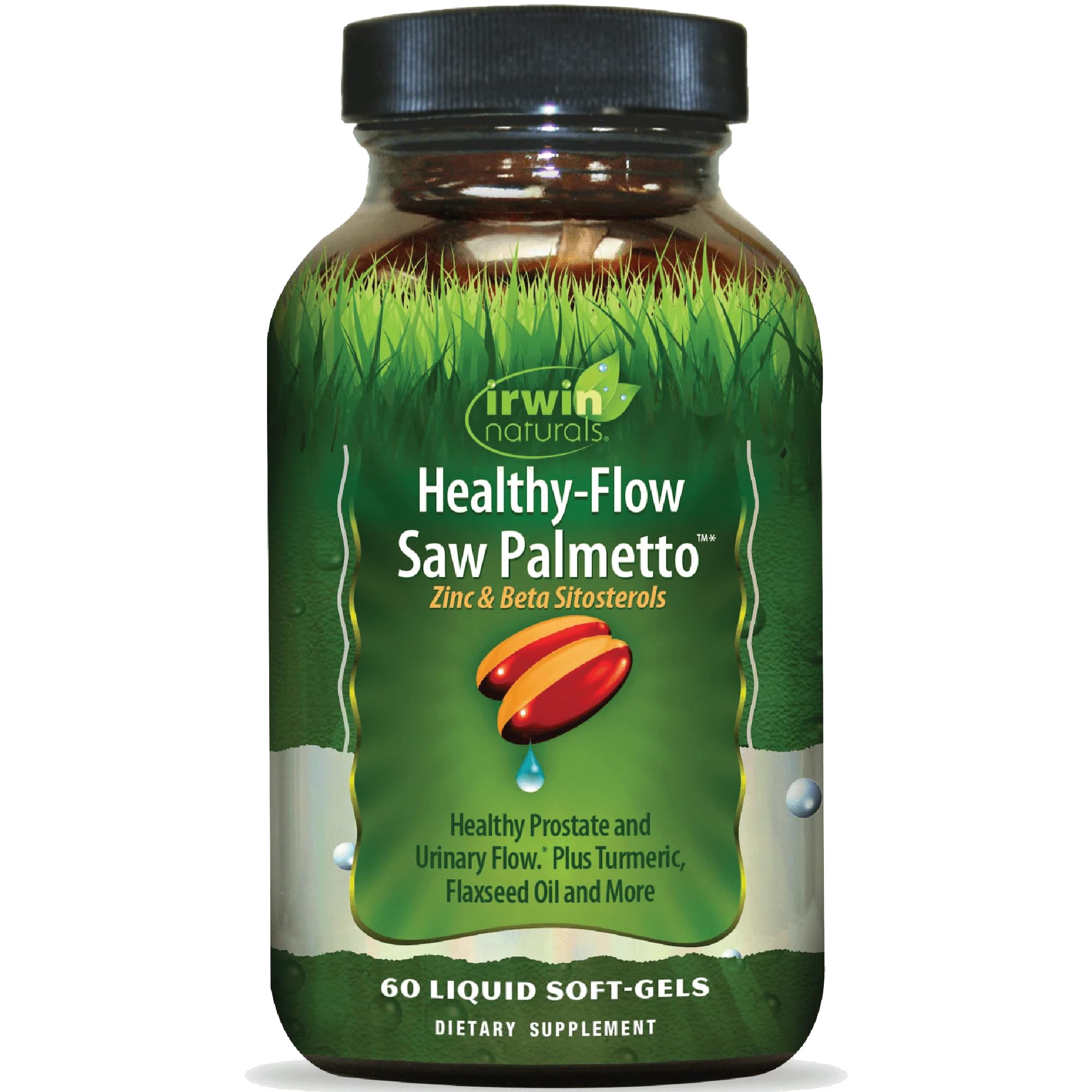 Irwin Naturals Healthy-Flow Saw Palmetto, bouteille, soutien potentiel à la santé prostatique et urinaire.