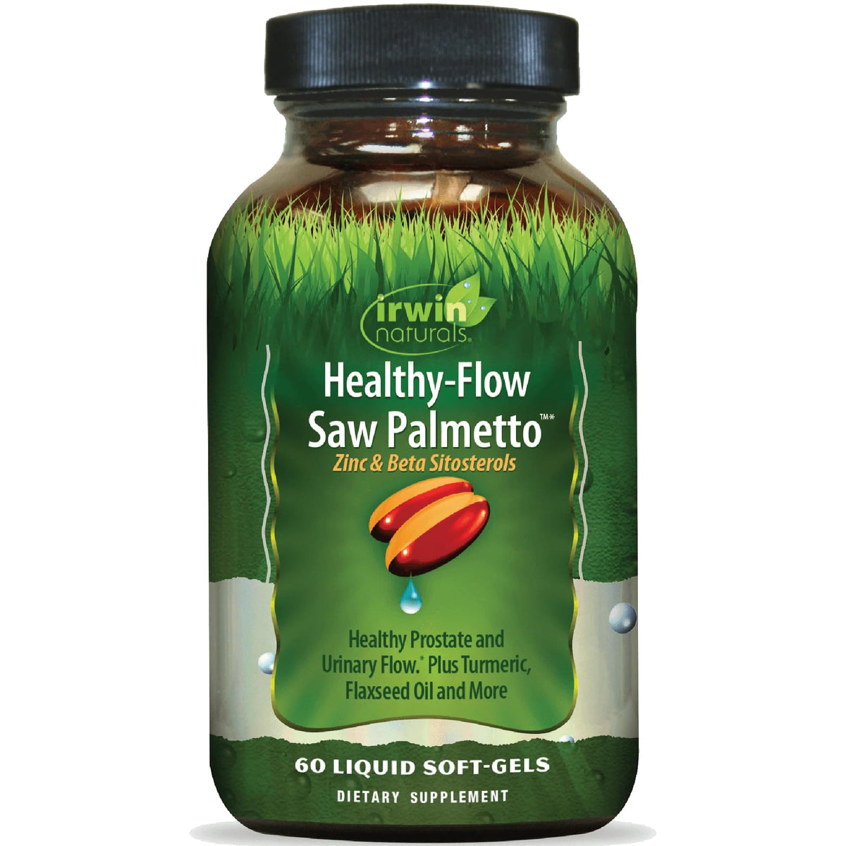Irwin Naturals Healthy-Flow Saw Palmetto, bouteille, soutien potentiel à la santé prostatique et urinaire.