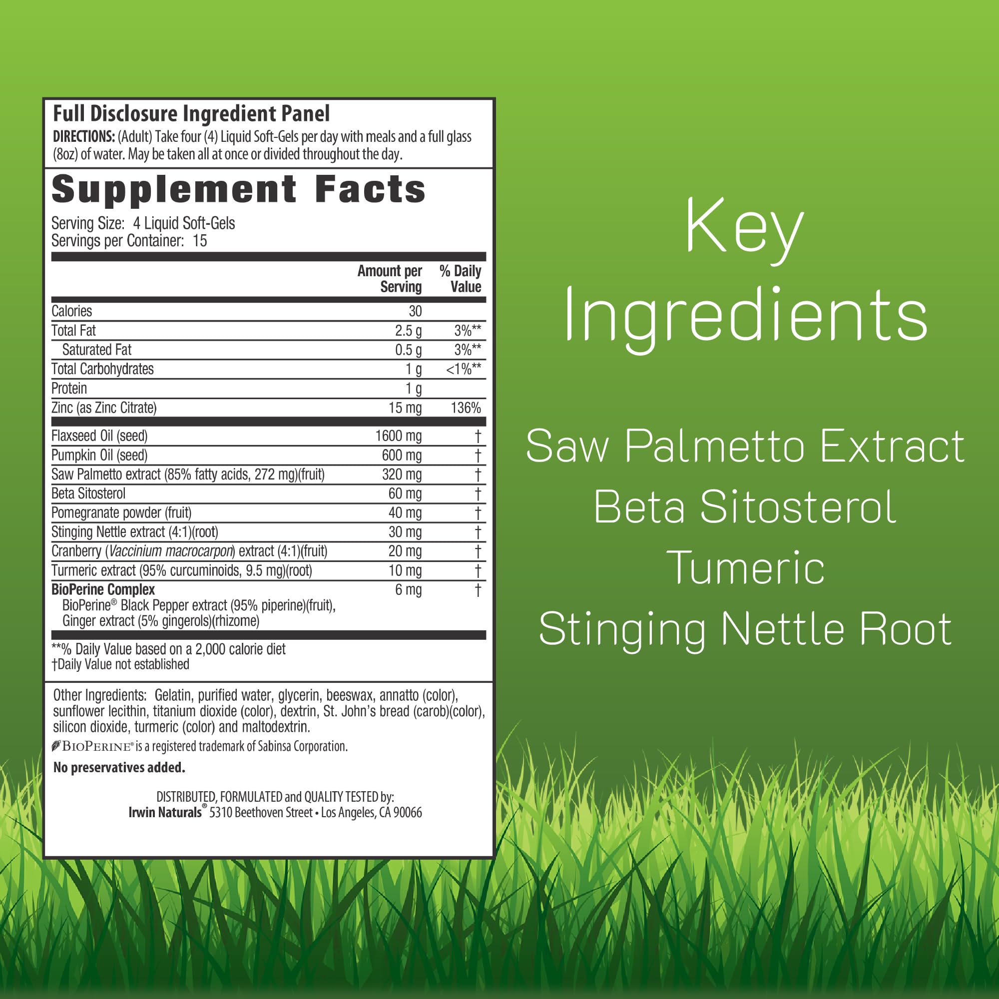 Irwin Naturals Healthy-Flow Saw Palmetto, gelules liquides, apport potentiel pour le confort urinaire.