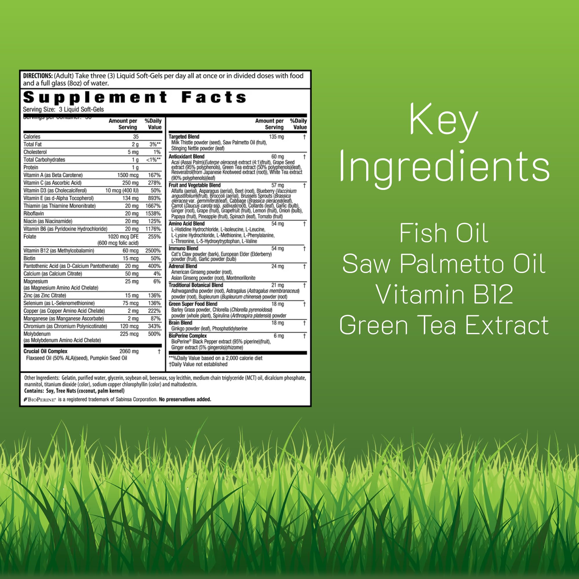 Ingrédients riches d’Irwin Naturals Living Green Liquid-Gel Multi pour une nutrition complète.