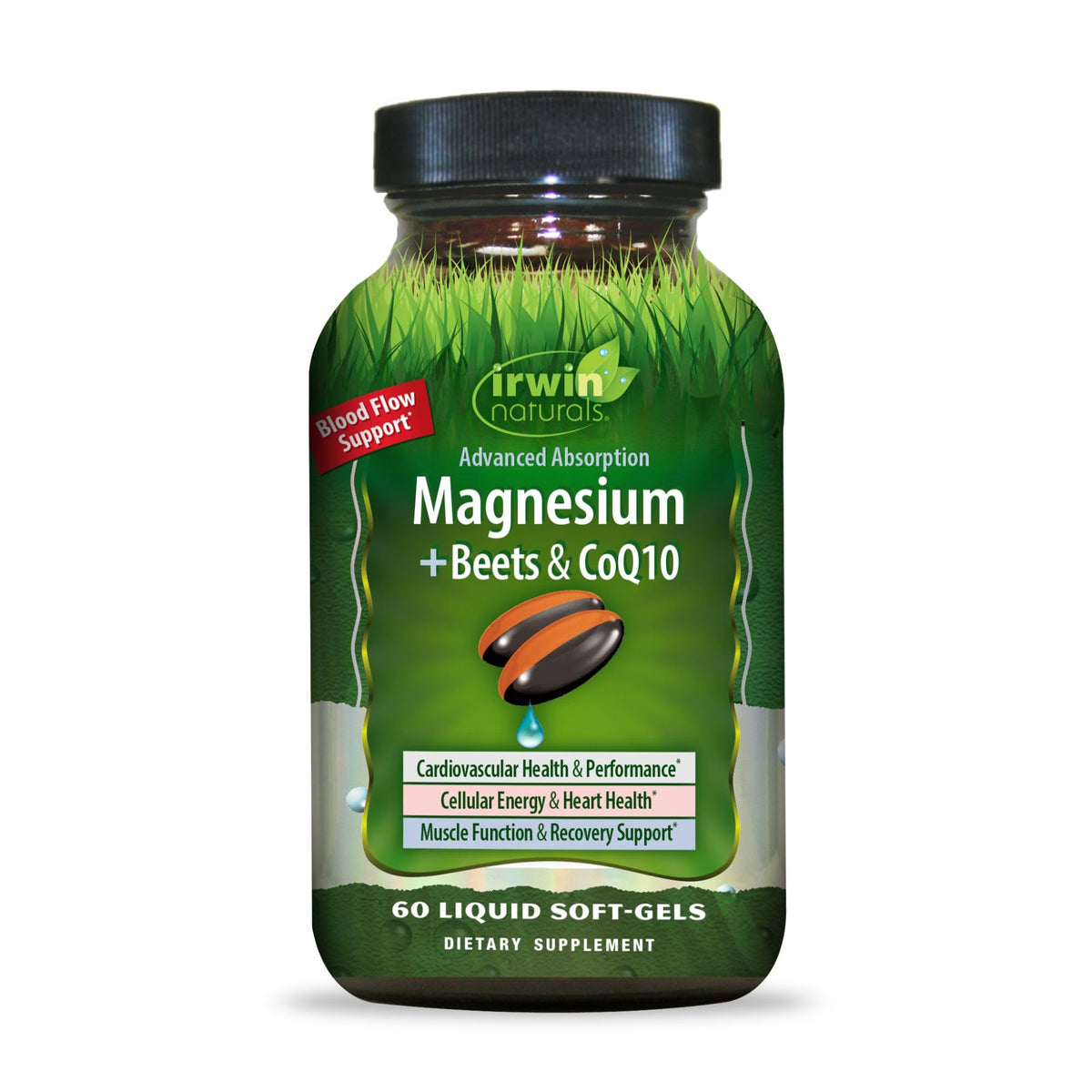 Flacon Irwin Naturals Magnesium + Beets & CoQ10, soutien énergie et circulation pour le quotidien.