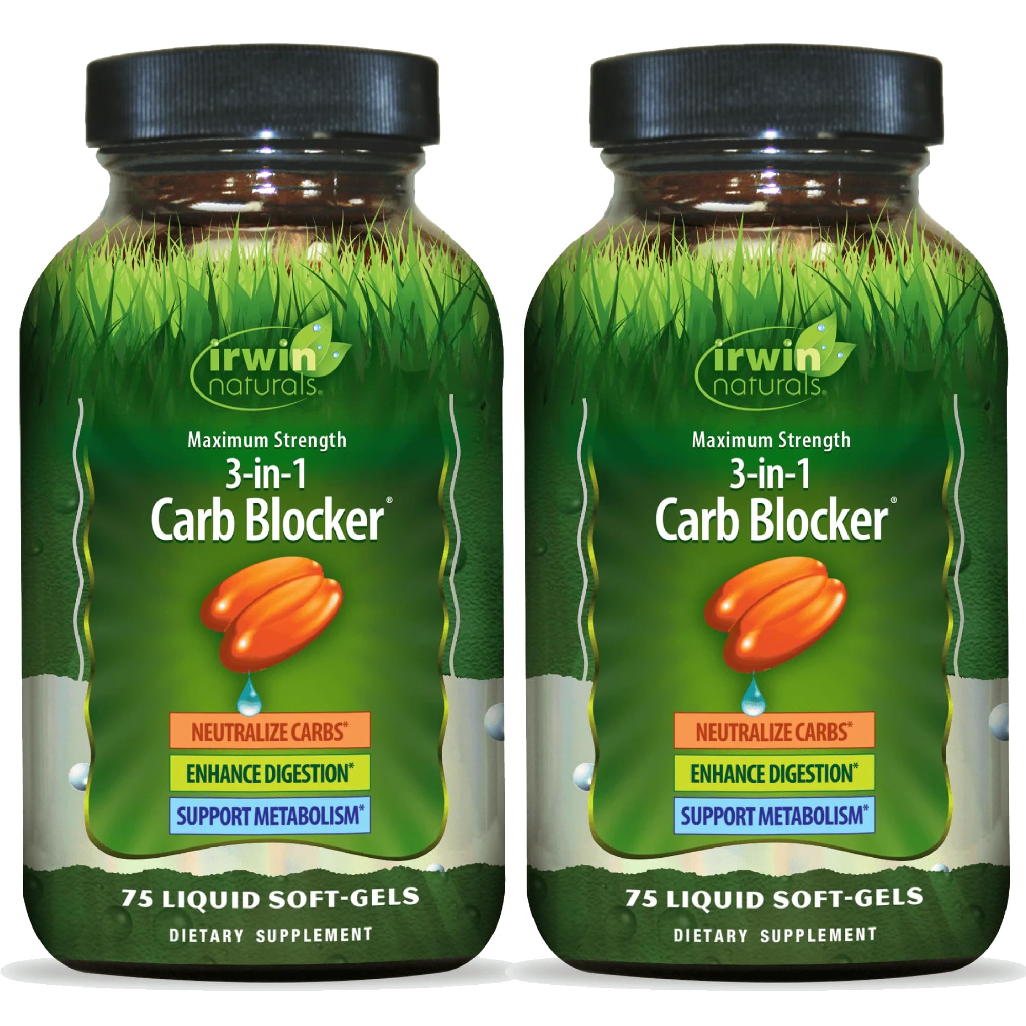 Irwin Naturals 3-en-1, bouteille visible, aide potentielle à maîtriser les glucides après repas.