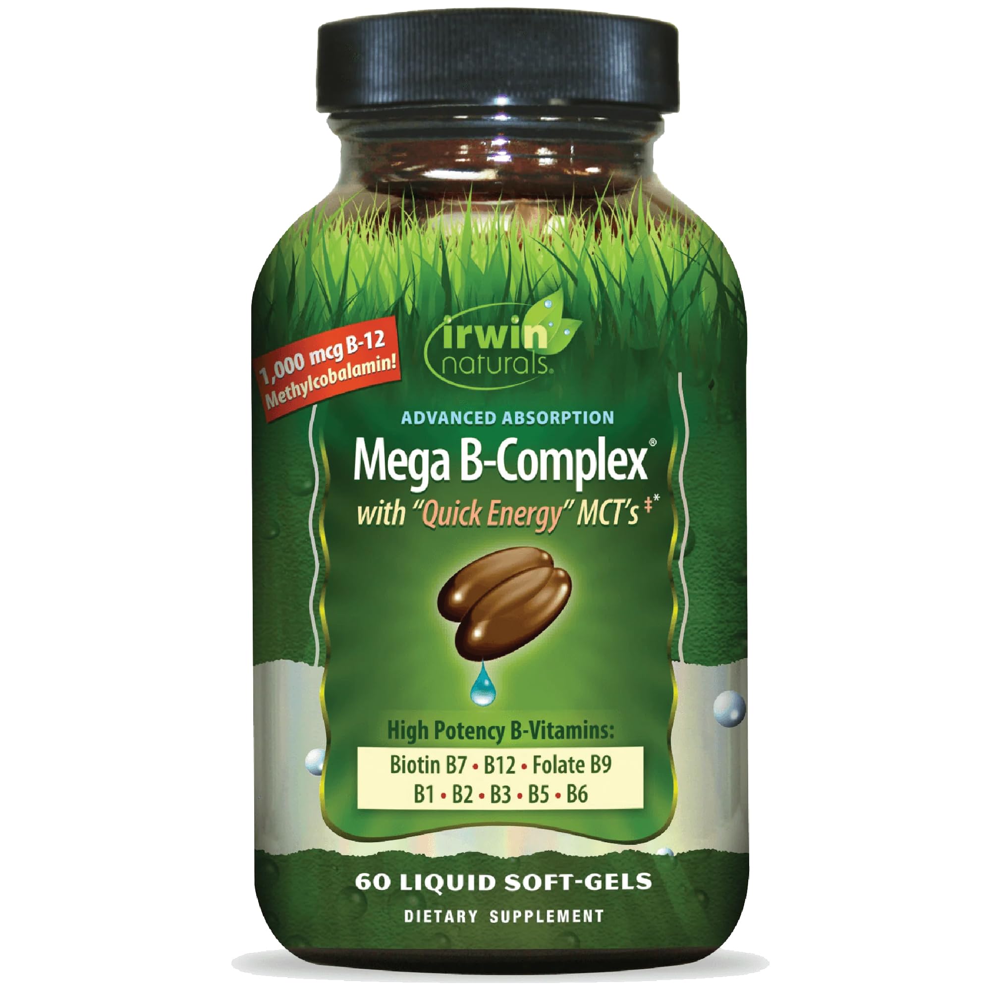 Bouteille d'Irwin Naturals Mega B-Complex prête pour votre routine énergétique.