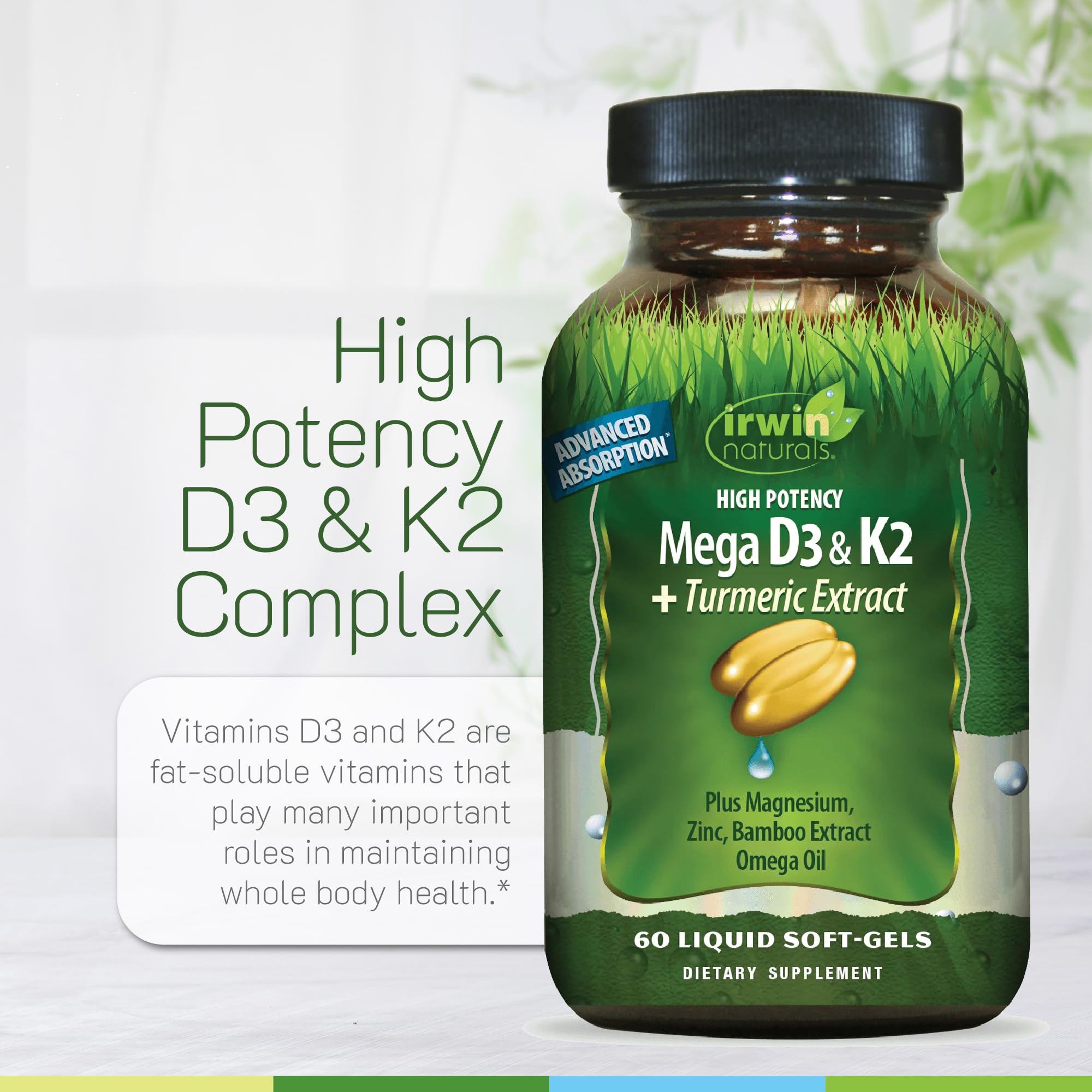 Irwin Naturals Mega D3 & K2 Turmeric — Dose quotidienne pratique pour la routine.