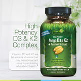 Irwin Naturals Mega D3 & K2 Turmeric — Dose quotidienne pratique pour la routine.