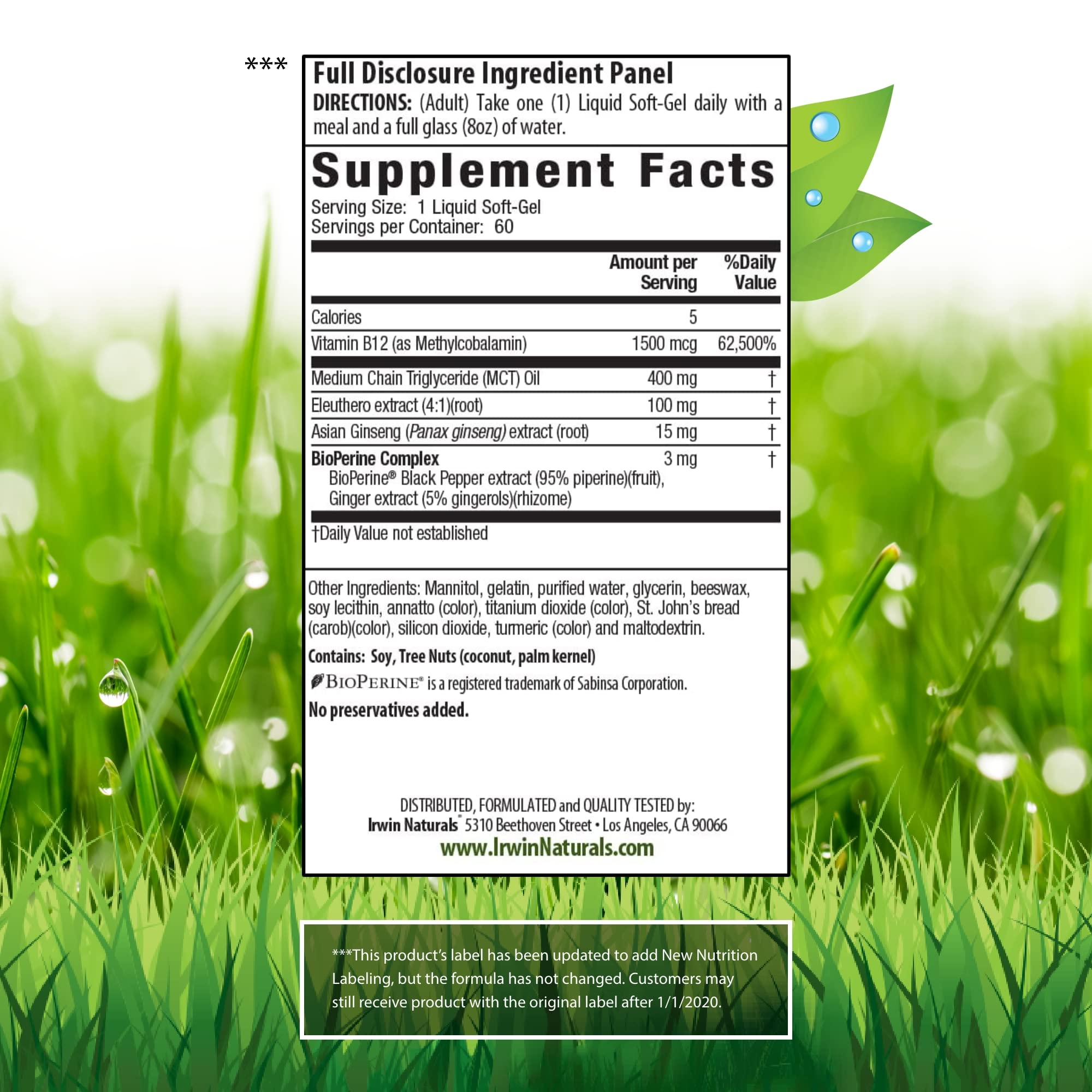 Gélules liquides Irwin Naturals One-Per-Day Mega B-12, absorption facilitée en gros plan