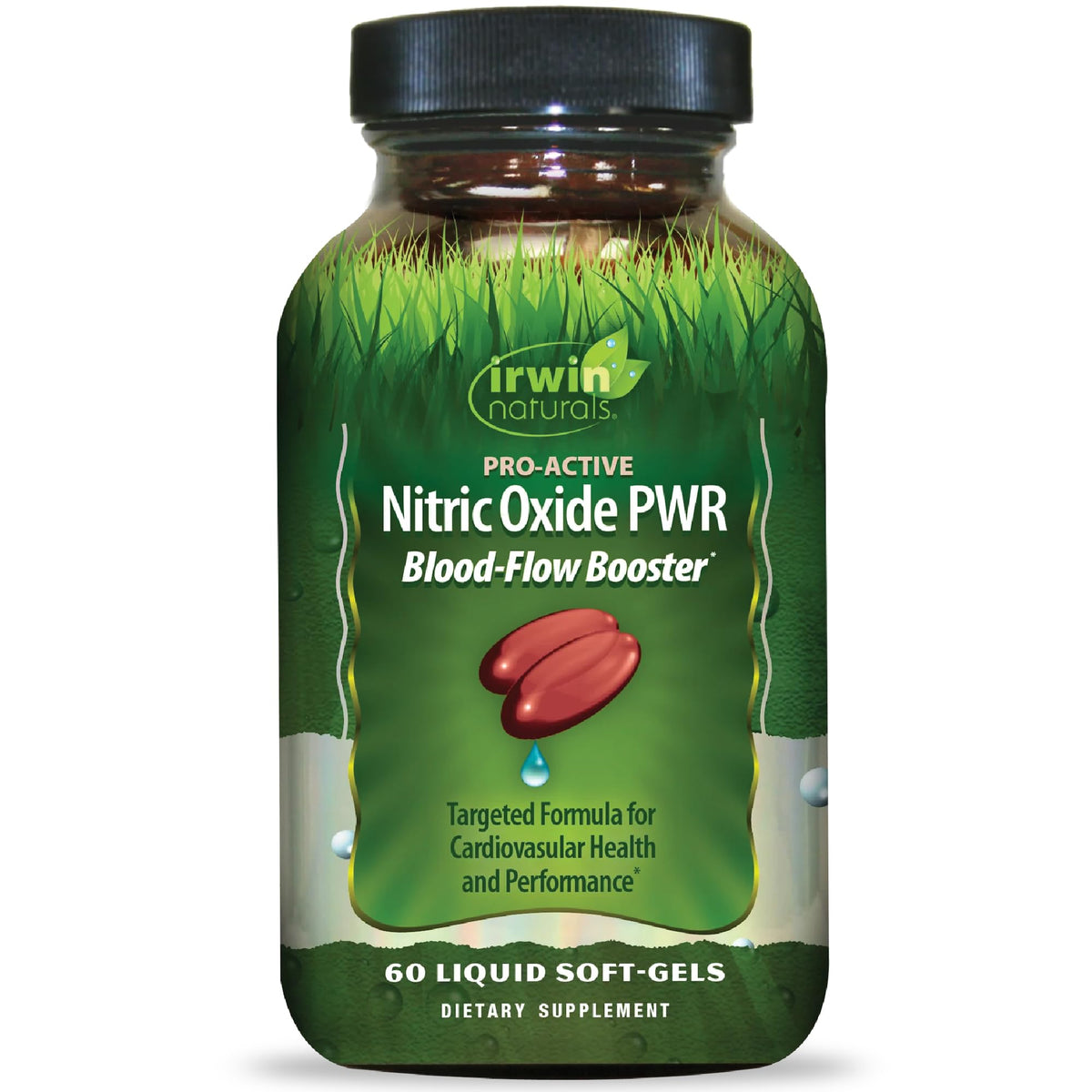 Irwin Naturals Pro-Active Nitric Oxide PWR, bouteille, soutien potentiel au flux sanguin pendant l’effort.