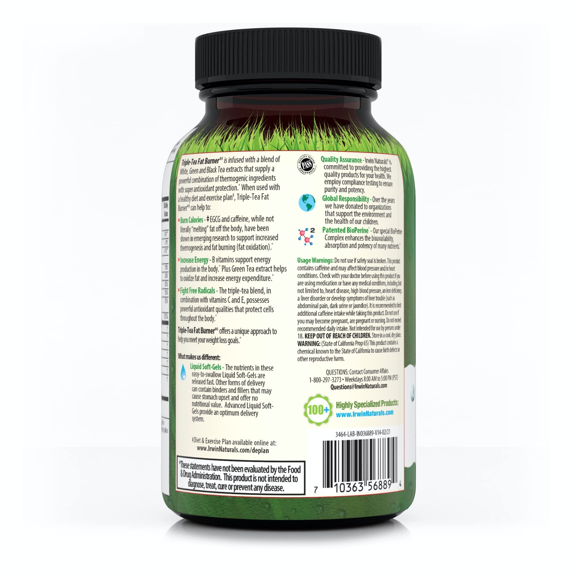 Irwin Naturals Triple Tea Fat Burner - étiquette soignée facilitant l'identification du produit.