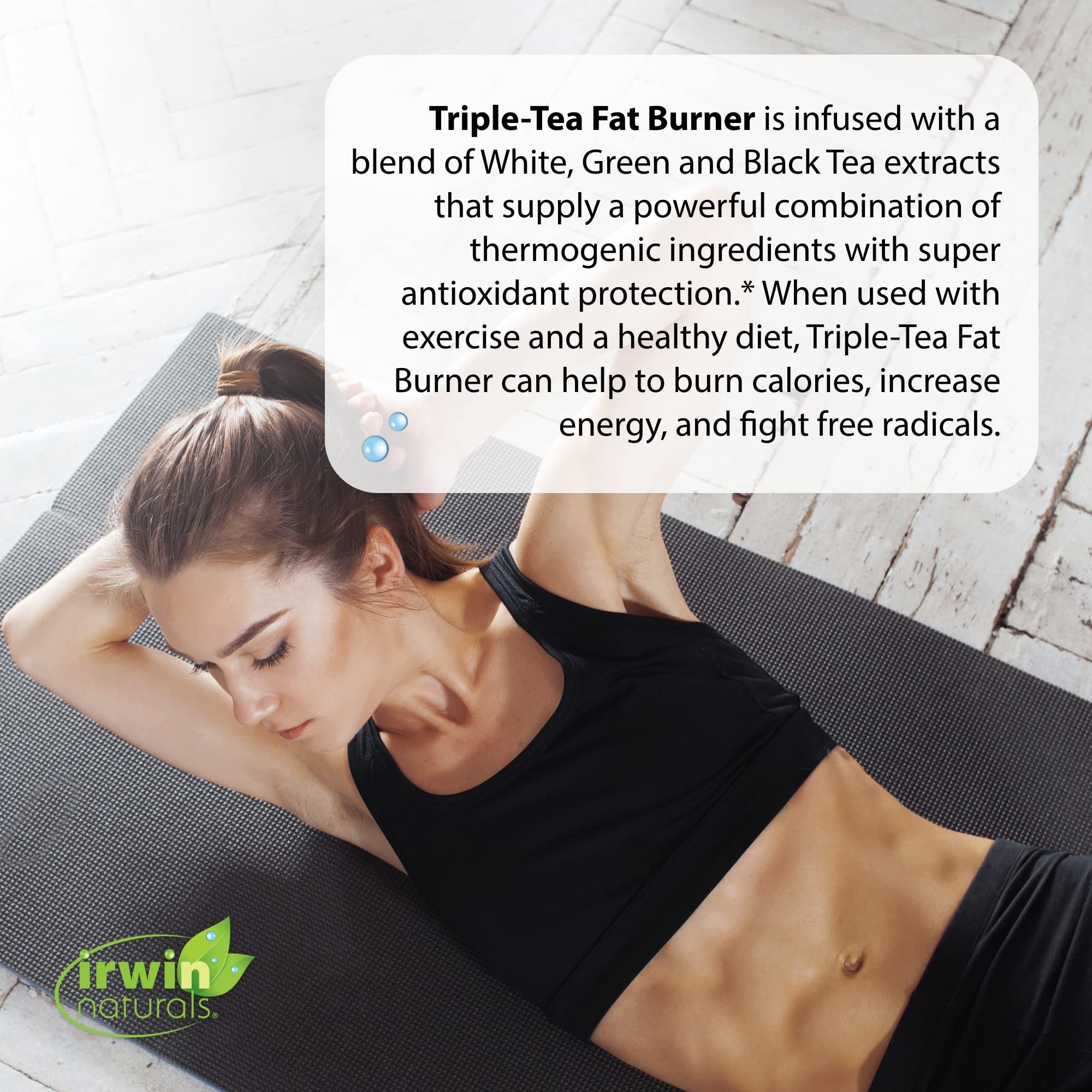 Irwin Naturals Triple Tea Fat Burner - premier plan des ingrédients verts bénéfiques.