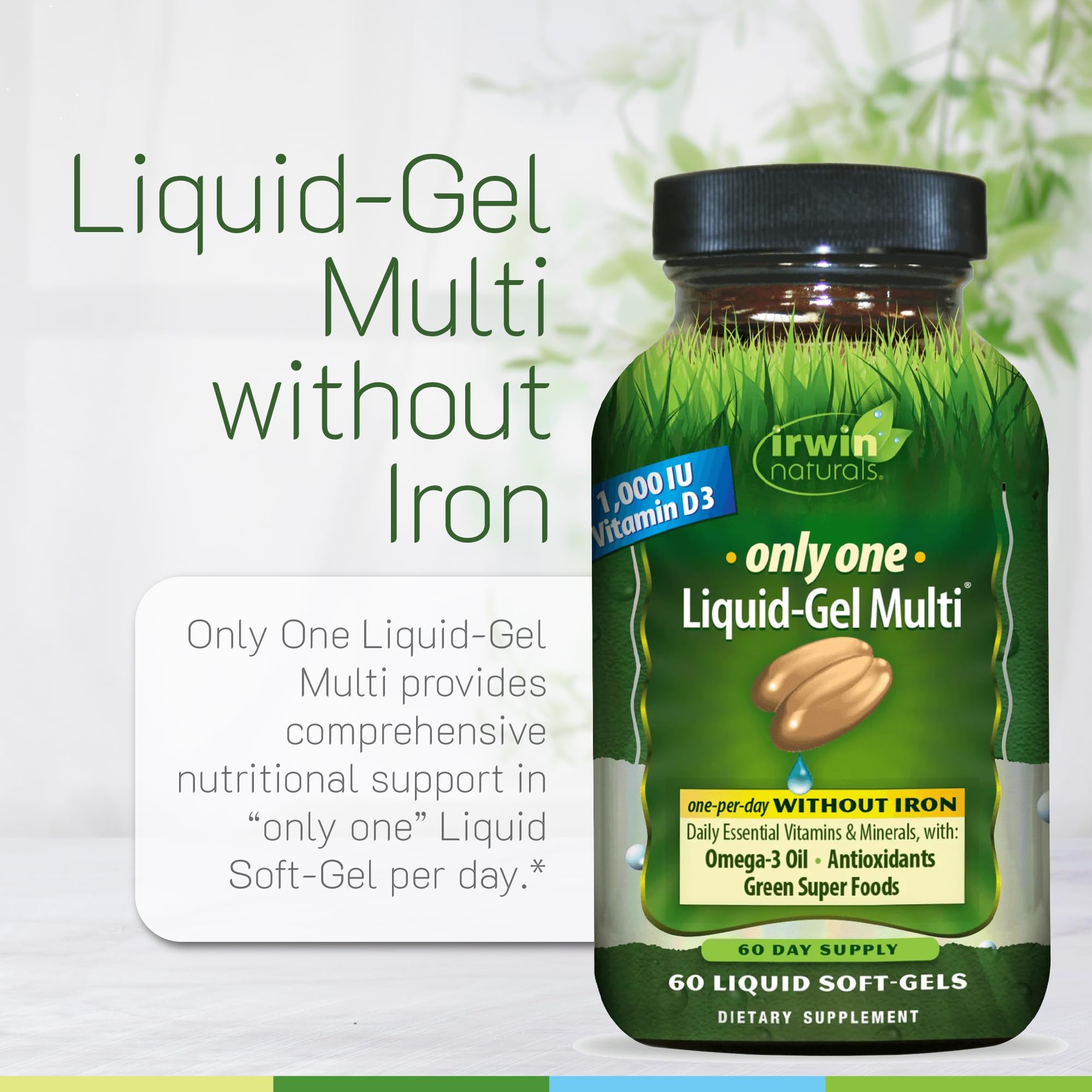 Irwin Naturals Un-Seul Gel-Liquide Multi, étiquette claire indiquant le dosage quotidien.