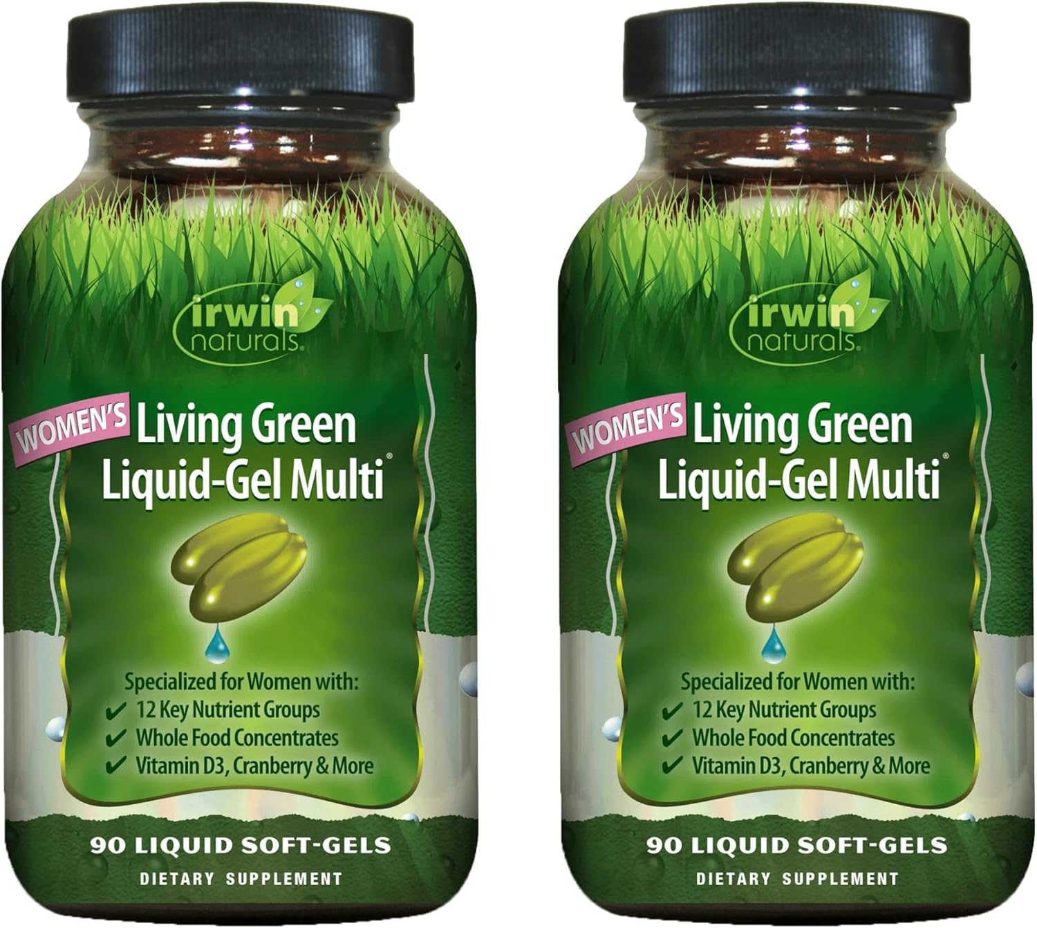 Irwin Naturals Women's Living Green Liquid-Gel Multi, bouteille visible, soutien nutritionnel quotidien pour femmes actives.