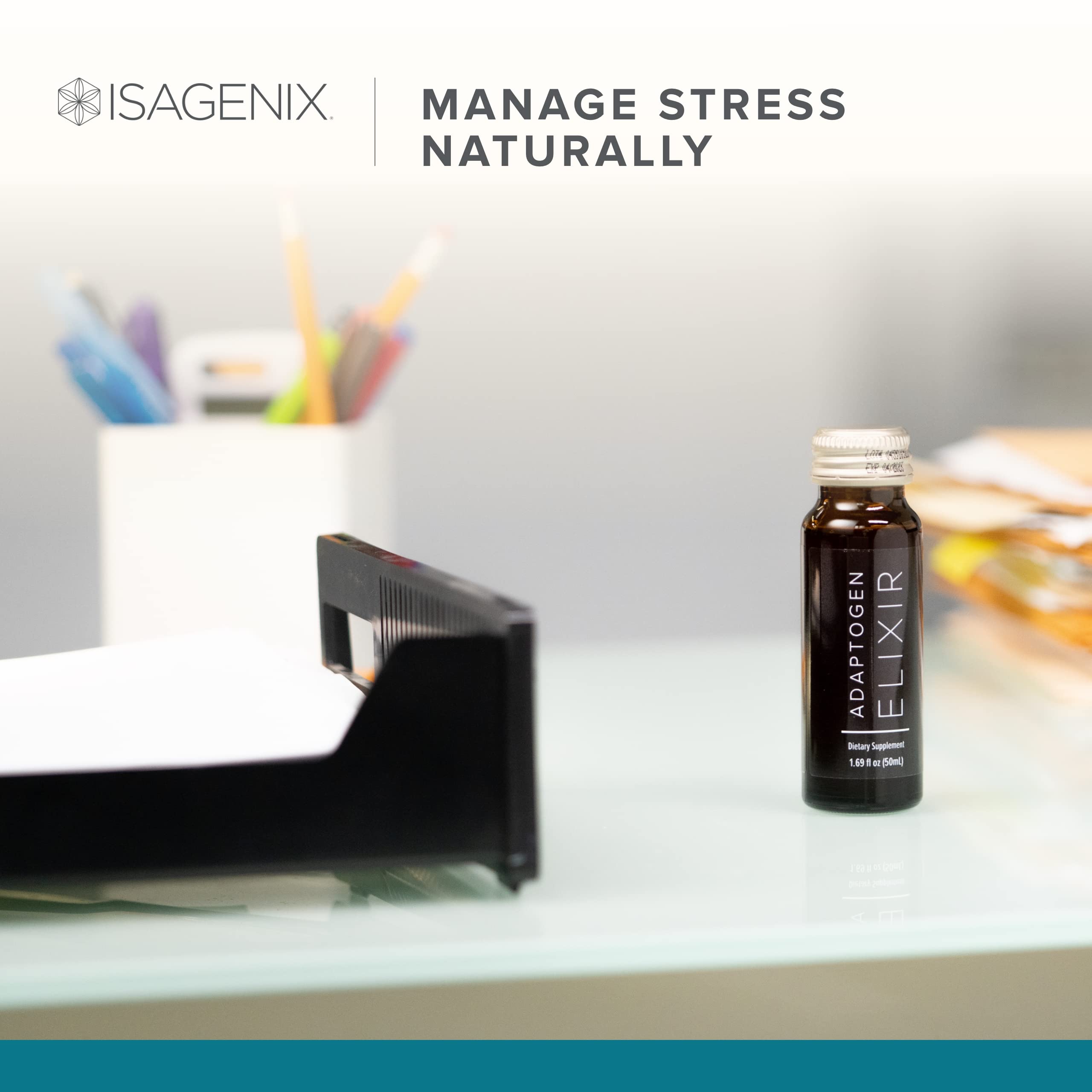 Isagenix Adaptogen Elixir, format pratique pour une prise rapide en déplacement.