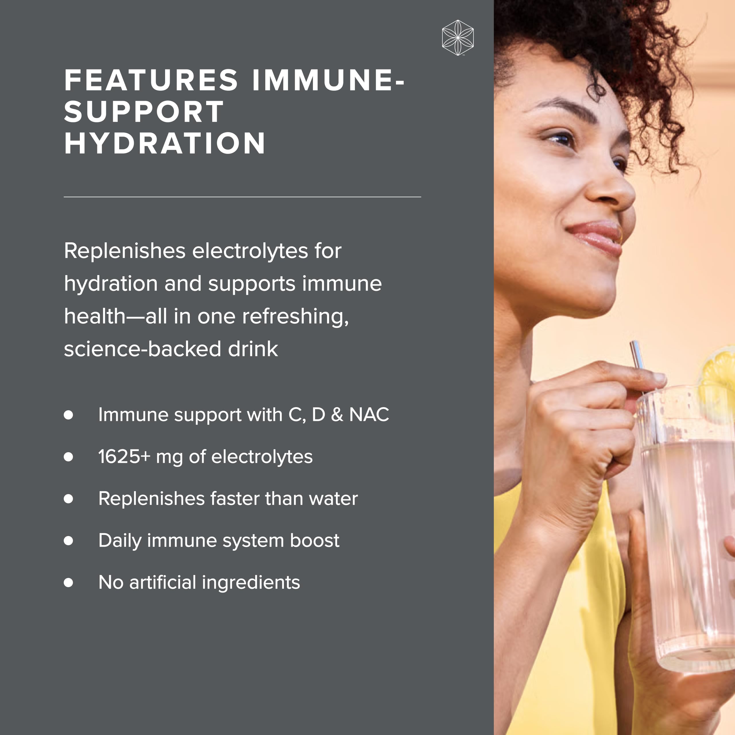 Électrolytes Isagenix Hydrate Immunité: sodium, potassium, magnésium pour l'équilibre.