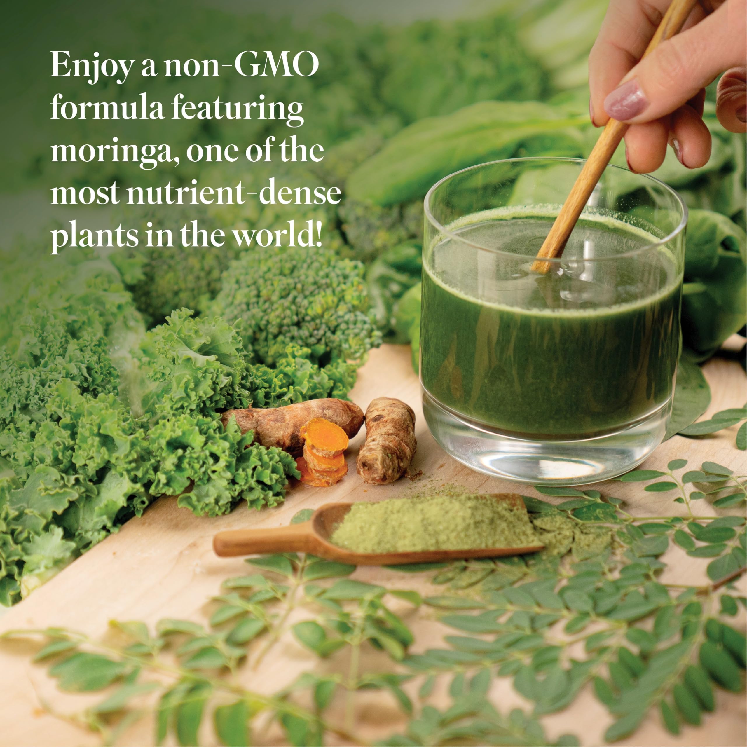 Isagenix Moringa Greens, ingrédients sans OGM, mélange végétal riche en antioxydants et nutriments.