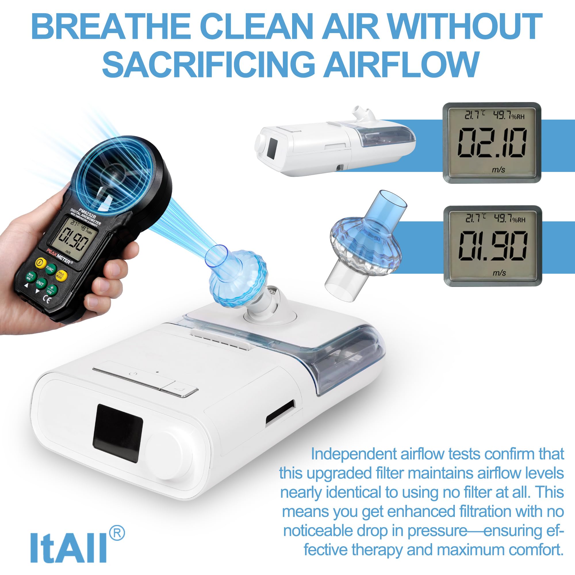 ItAll installation facile des filtres CPAP entre machine et tubage.