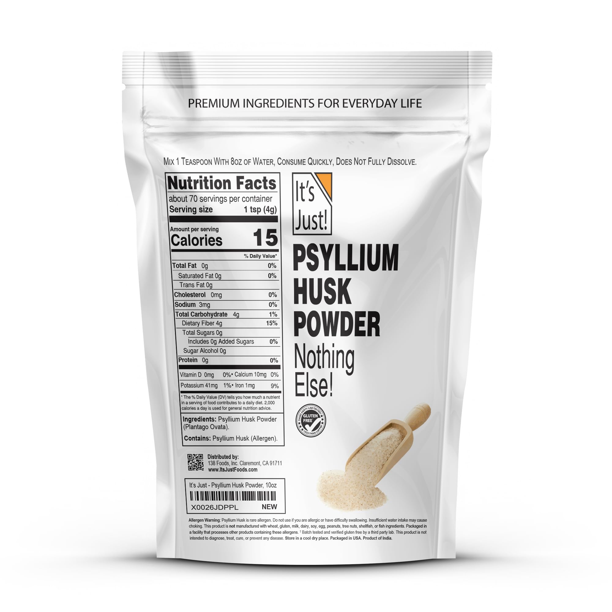 It's Just! Poudre de psyllium, mélange facile avec eau pour transit régulier.