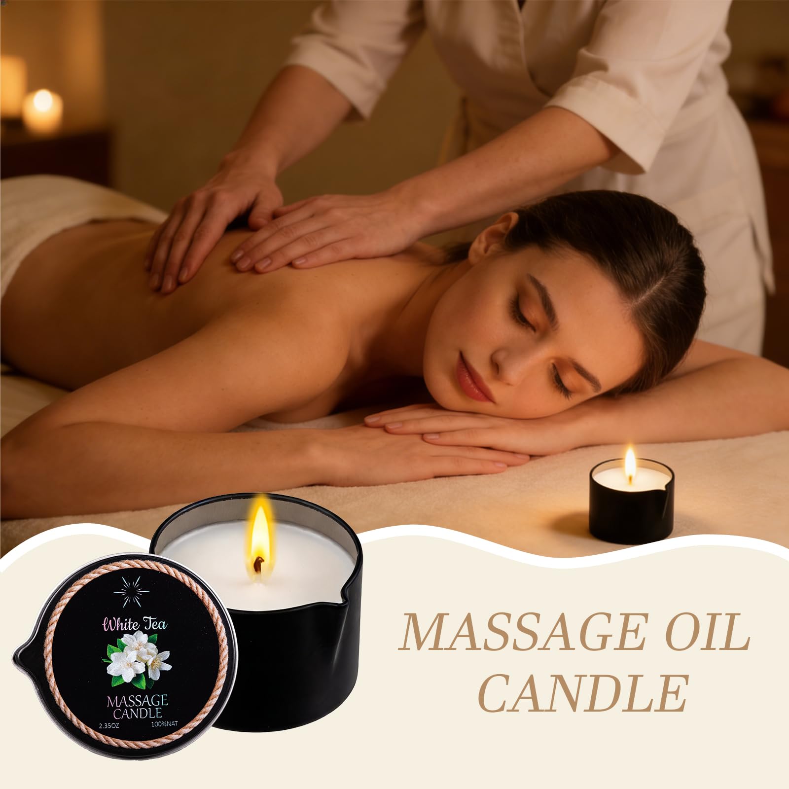IUJOCQL bougie massage thé-blanc, ambiance apaisante et huile légère prête à nourrir la peau.