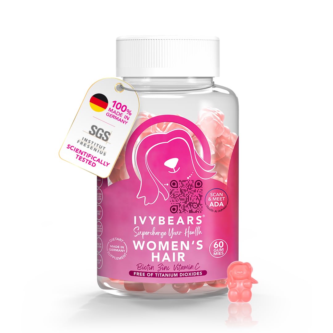 IvyBears montre la bouteille de vitamines cheveux, routine quotidienne pratique.
