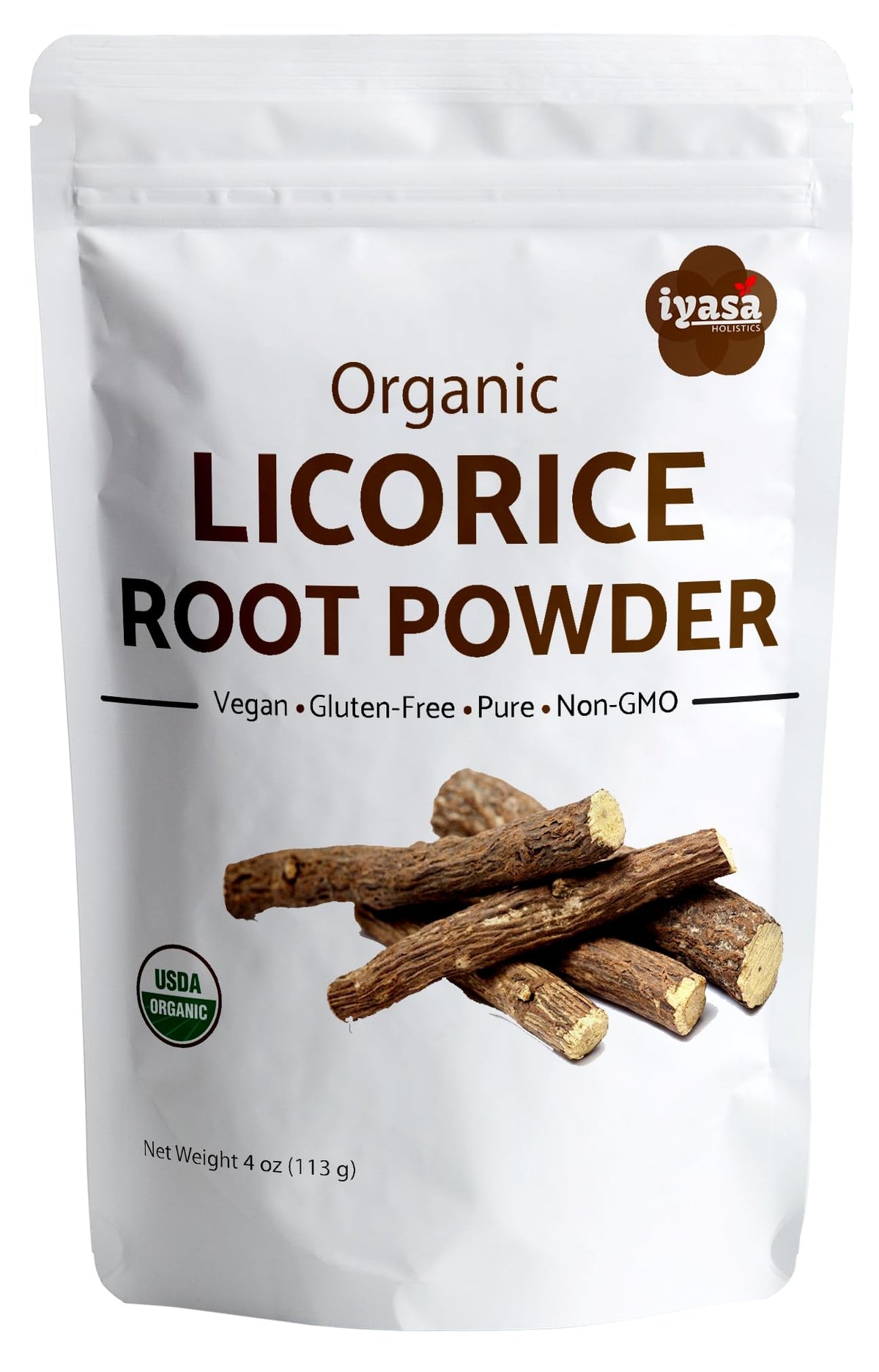 Iyasa Holistics poudre reglisse bouteille, arôme naturel pour cuisine et soins.