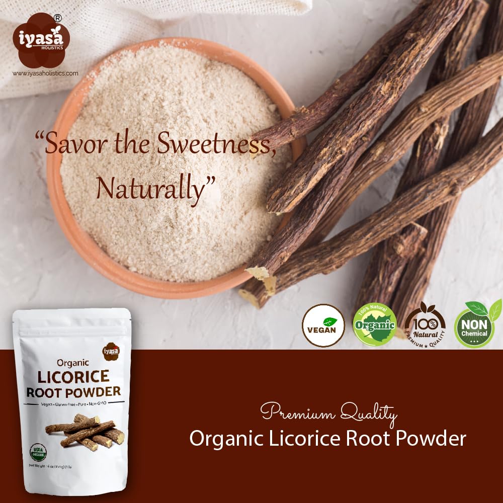 Iyasa Holistics poudre reglisse ajout dans boisson et dessert fruité.