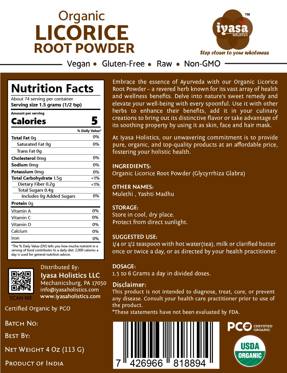 Iyasa Holistics poudre reglisse sachet refermable pour fraîcheur et dosage.