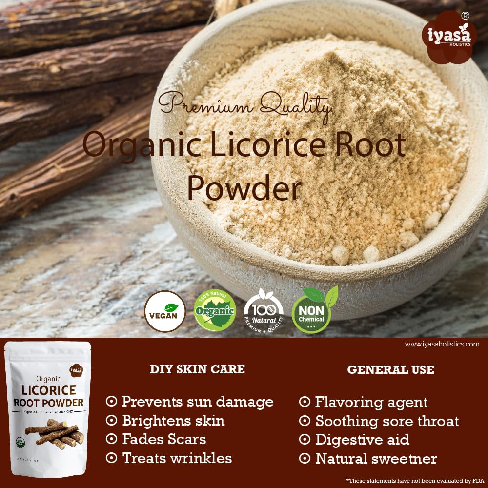 Poudre reglisse Iyasa Holistics texture beige fine pour mélanges artisanaux.