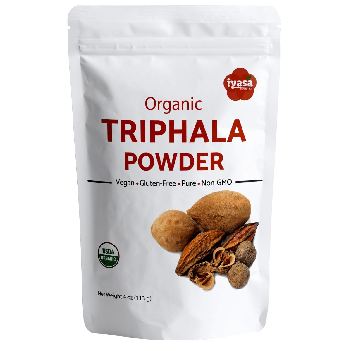 Poudre Triphala Iyasa Holistics bio, texture fine prête à infusion et dégustation