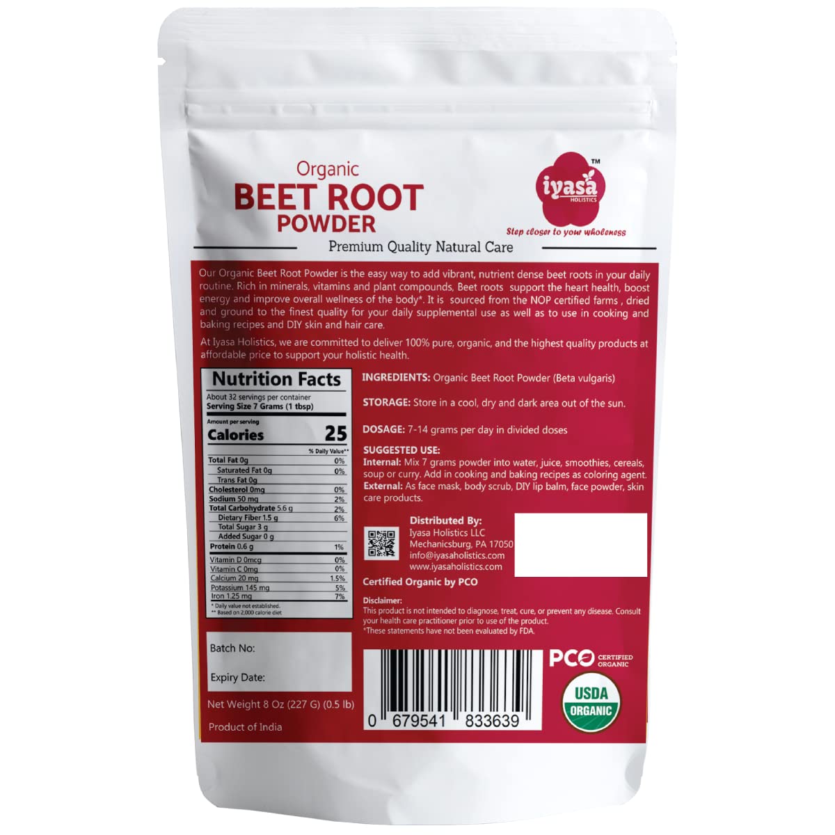 Iyasa poudre de betterave bio, poudre fine idéale pour smoothies et pâtisseries.