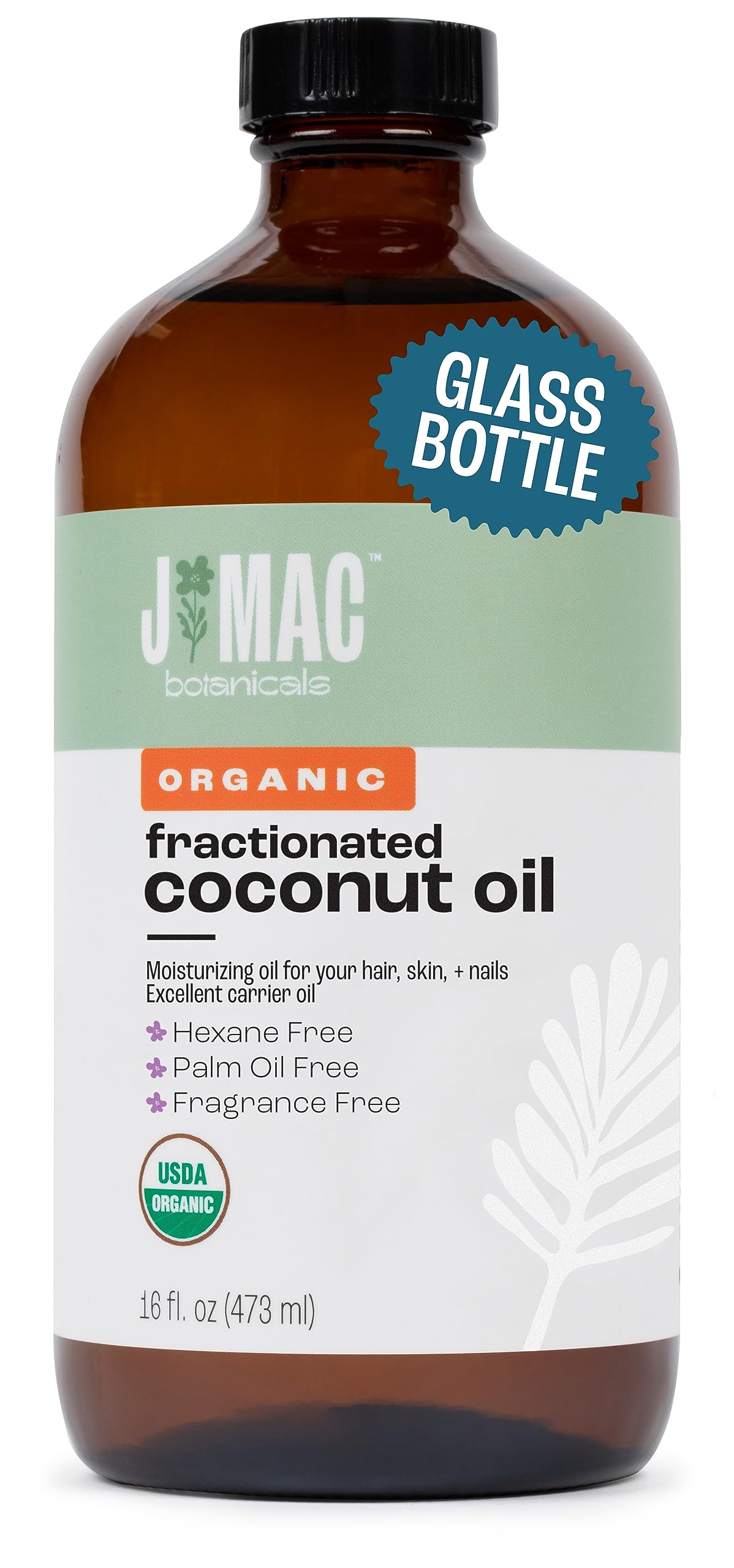J MAC BOTANICALS Huile coco fractionnée, bouteille verre 16oz, hydratation légère pour la peau.
