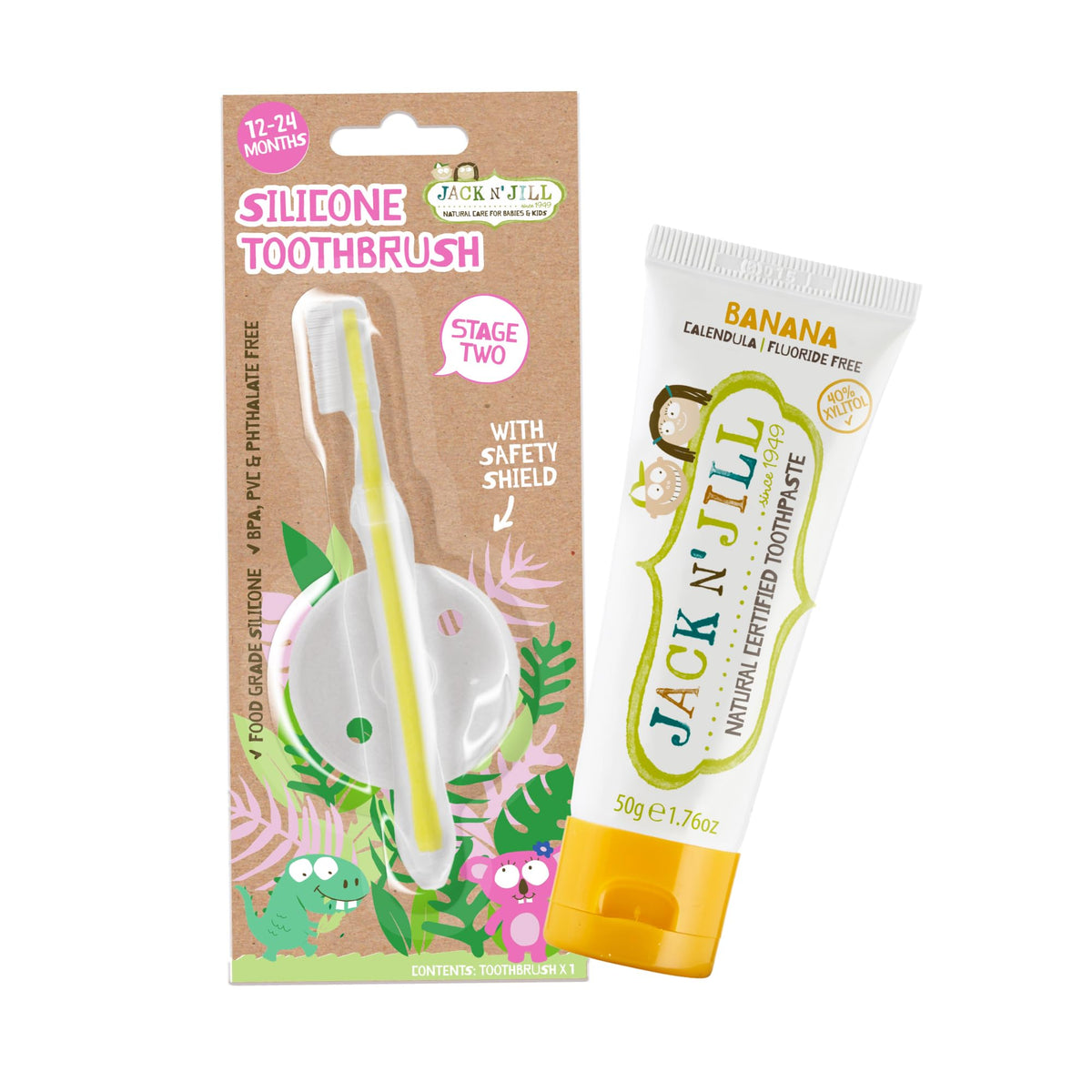 Brosse à dents Jack N' Jill pour tout-petit en silicone, douceur et sécurité.