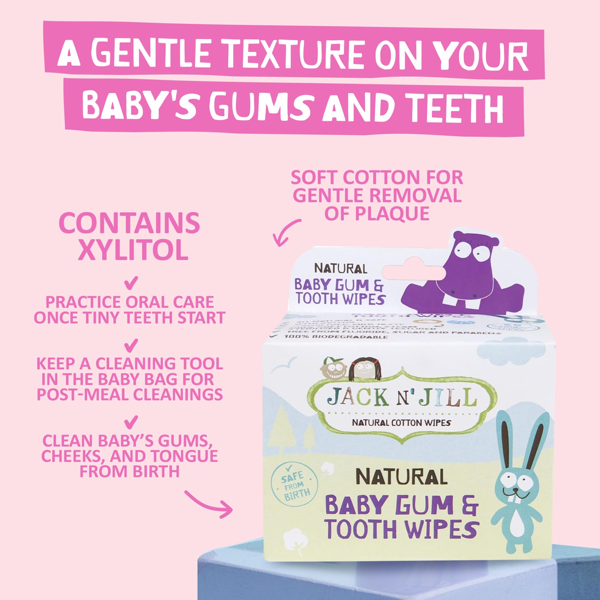 Composition naturelle JACK N' JILL avec xylitol, sans fluor ni sucre.