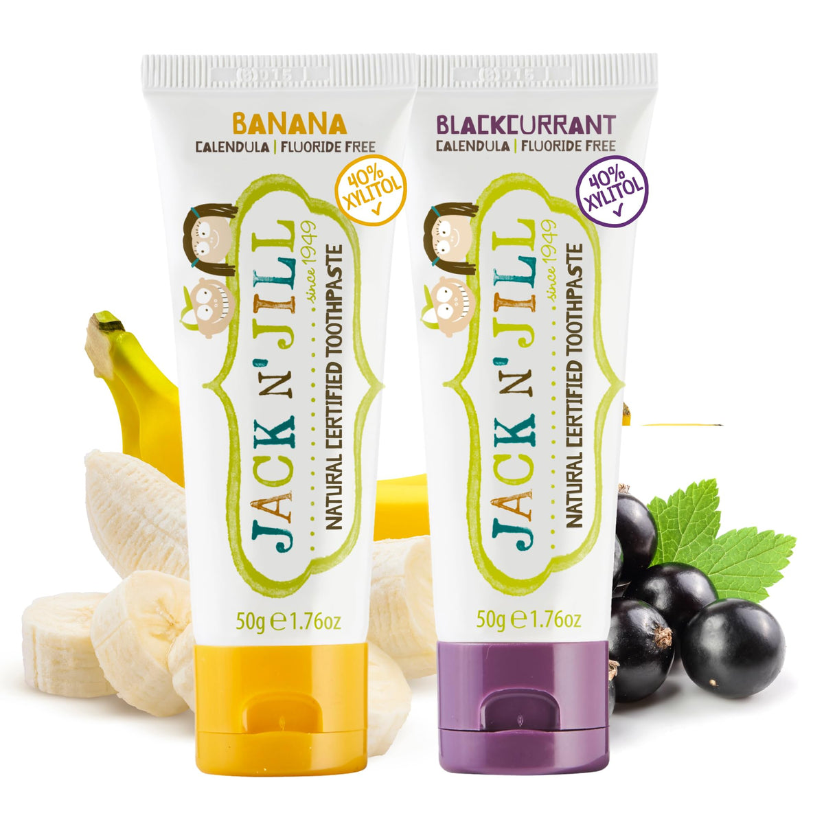 Jack N' Jill dentifrice enfants Banane-Cassis, tube coloré pour un brossage agréable.