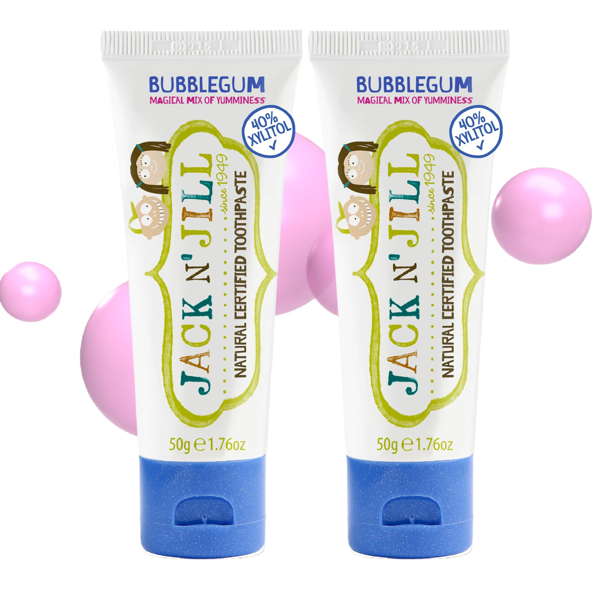 Jack N' Jill dentifrice enfants Bubblegum, tube pack 2, pratique pour le brossage quotidien des enfants.