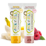 Dentifrice Jack N' Jill pour tout-petit avec goût banane-framboise agréable.