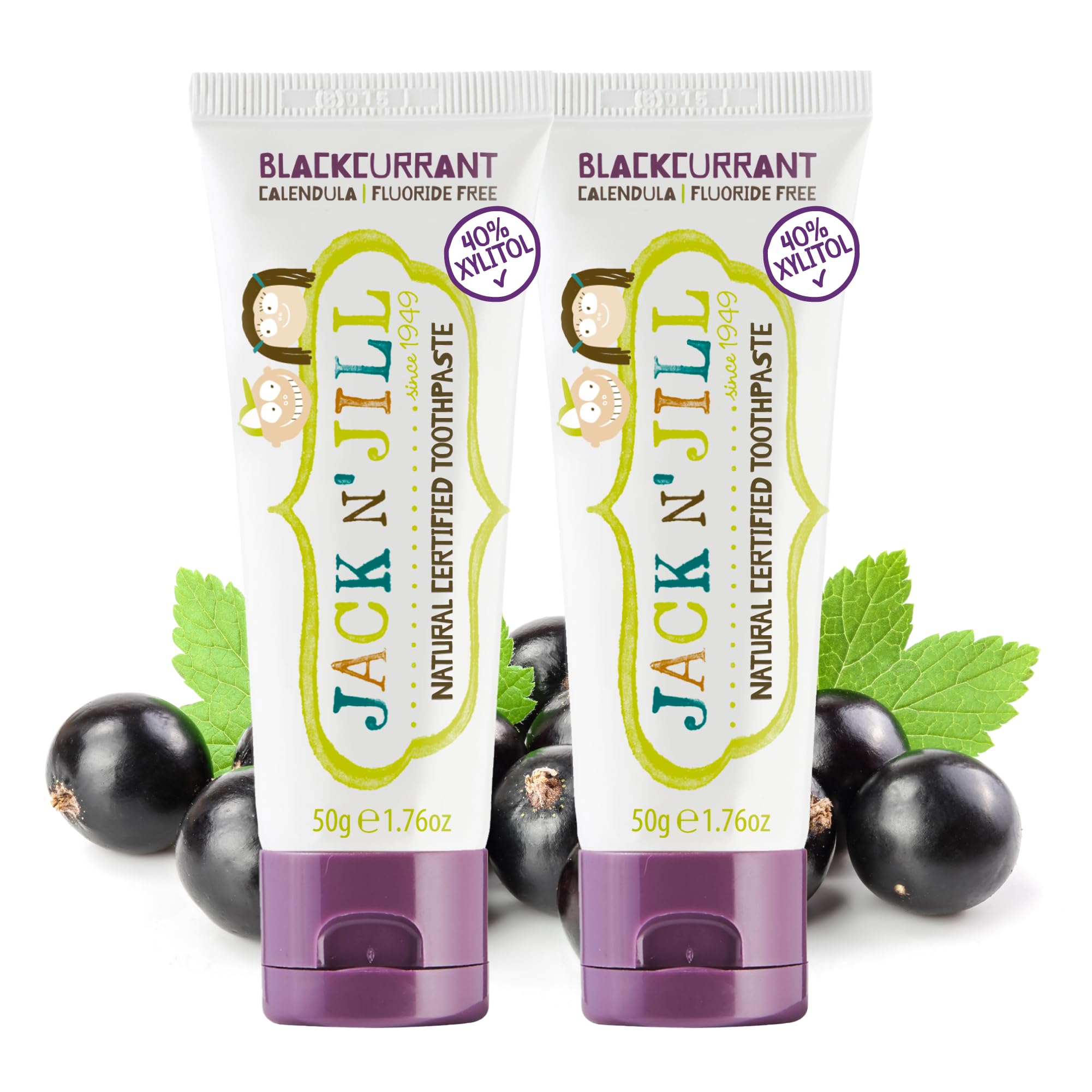 Dentifrice JACK N' JILL pour tout-petits, tube cassis, sans fluor, pratique pour le quotidien.
