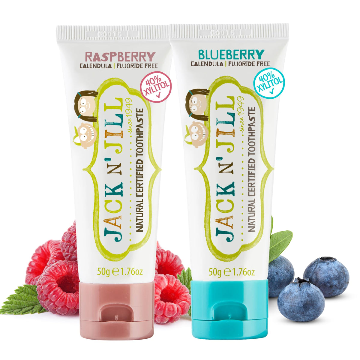 Jack N' Jill pâte dentaire naturelle bébé Myrtille-Framboise, tube bleu sans fluor.