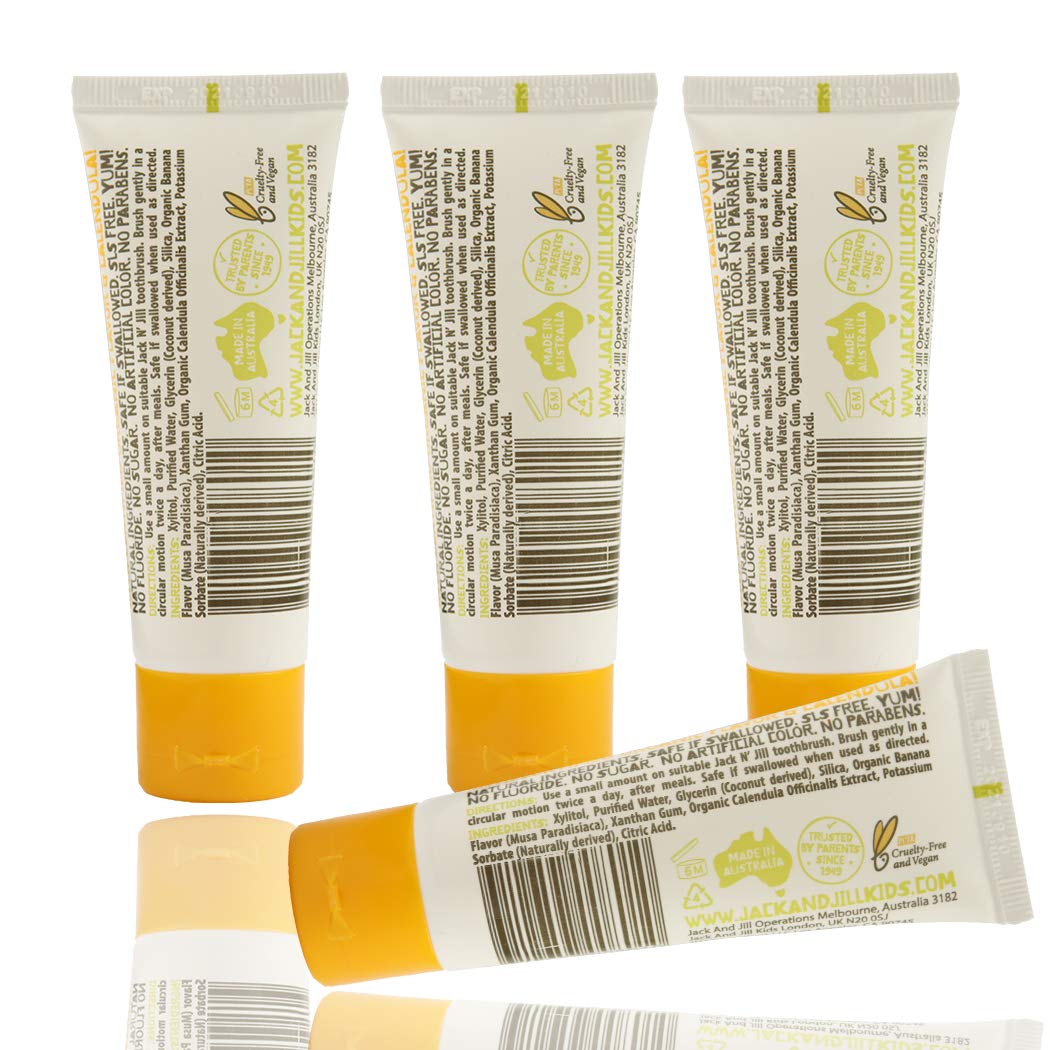 Tube Jack N' Jill dentifrice bébé-banane en vue frontale.