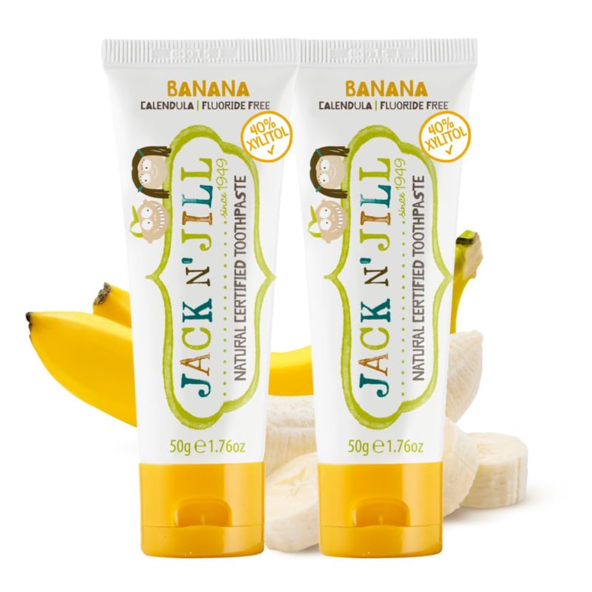 Dentifrice Jack N' Jill bébé banane, pâte agréable pour brossage quotidien sans fluor.