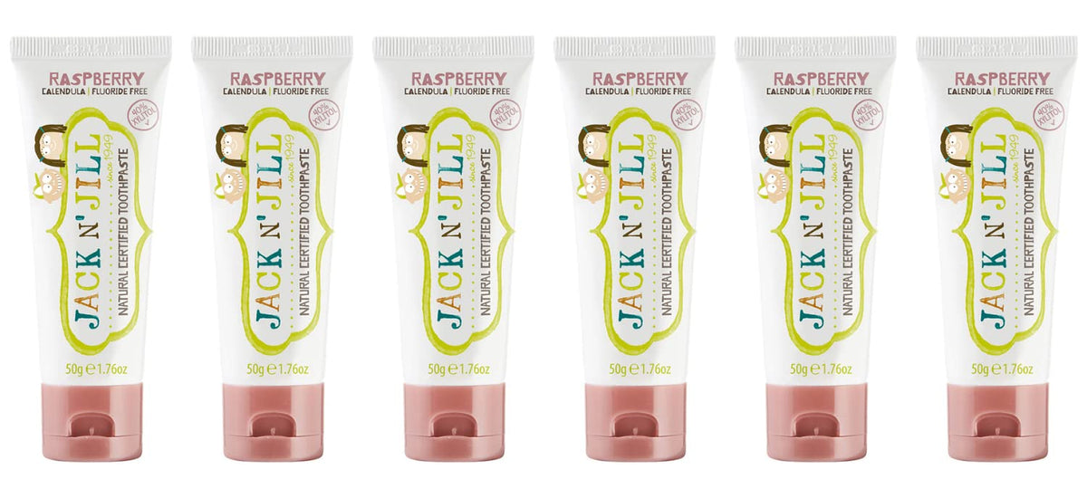 Dentifrice Jack N' Jill pour enfants, flacon framboise, brossage agréable et pratique.